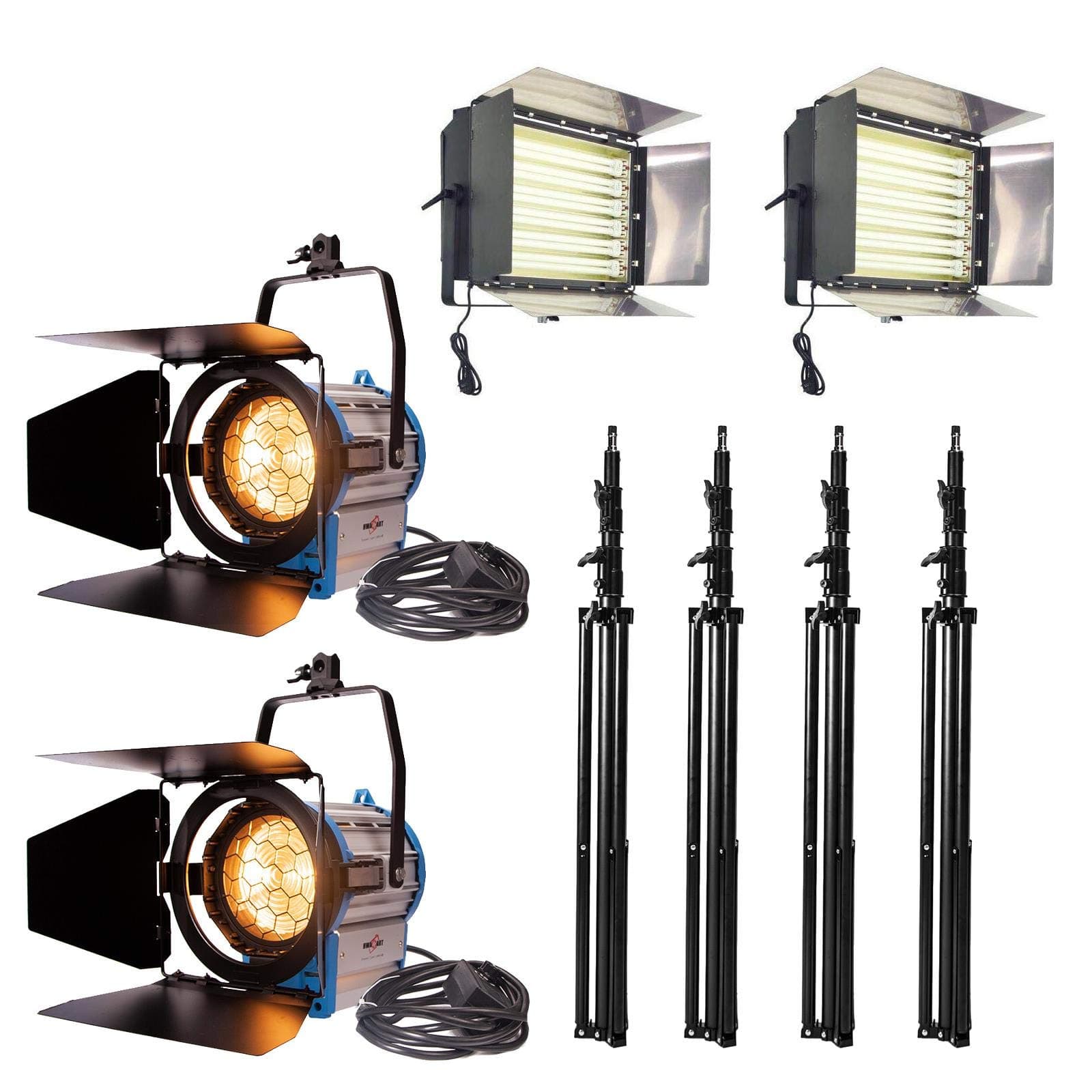 Photography Continuous Lighting Kit: (2) 330W 6-Bank Fluorescent Light Panel, (2) 1000W Fresnel Spotlight, (4) 300cm Heavy Duty Light Stand, Dimmable Video Lighting for Product Portrait Youtube Video