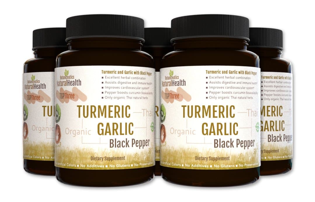 Botaniceutics Organic Turmeric, Garlic and Black Pepper - 450 Capsules - 5 Bottle Pack. 500 Mg Wholesome Curcumin, Allium and pepperine for Natural, Good Health.