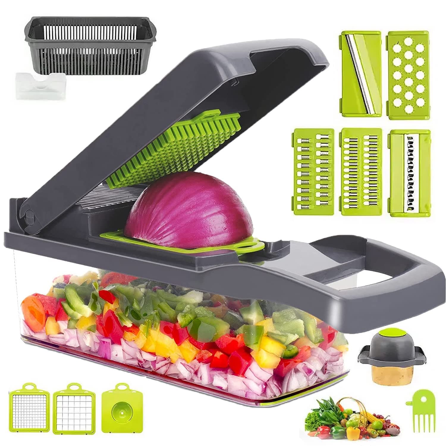 Gadgets Era Vegetable Chopper- Multifunctional 15-in-1,Fruits Cutter Mandoline Slicer Food Chopper with Interchangeable Blades, Colander Basket,Container for Salad Potato Carrot Garli
