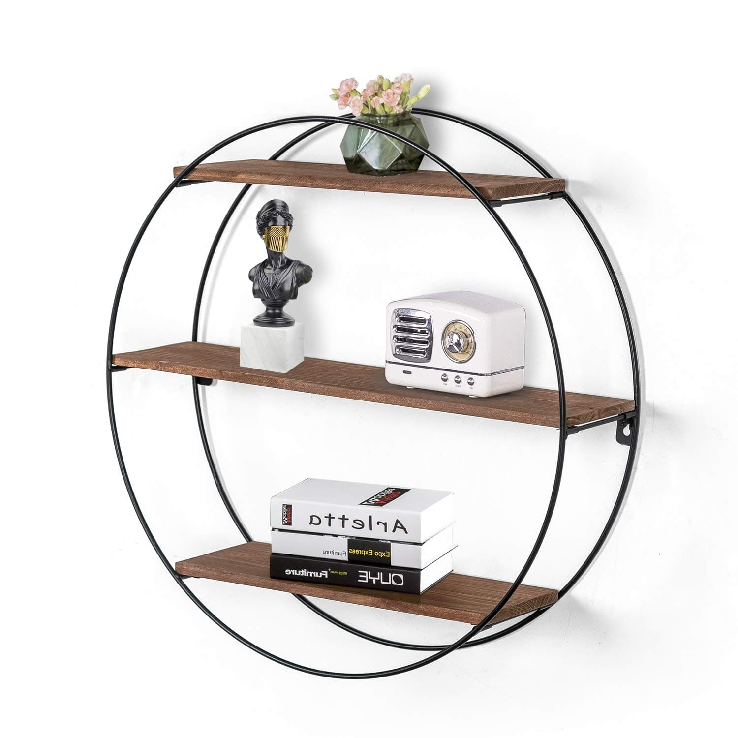 Joveco Round Wall Shelf Dark Brown, 3 Tier Metal & Wood Circle Shelf Set, Round Decorative Wall Shelves for Living Room,Bedroom,Bathroom (Dark Brown)