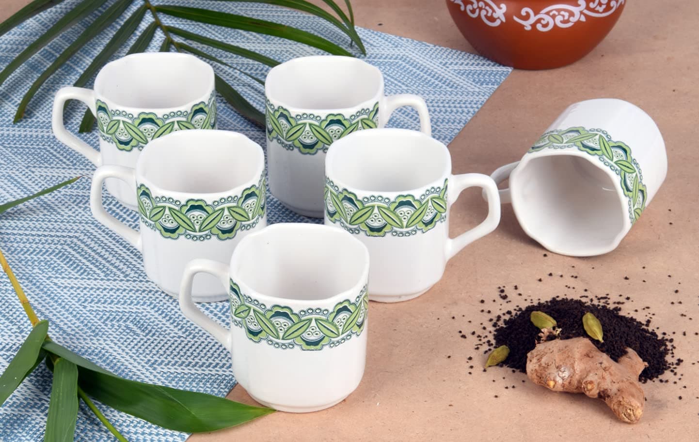 SQINELLI Green Chain Coffee Mugs, Tea Cup for Everyday use, Ceramic, 150 ml, Pack of 6