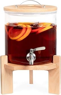Navaris Glass Drinks Dispenser with Tap - 5 Litre Drink Jar with Spigot, Lid and Beechwood Stand for Hot or Cold Beverages, Ice Water for Parties