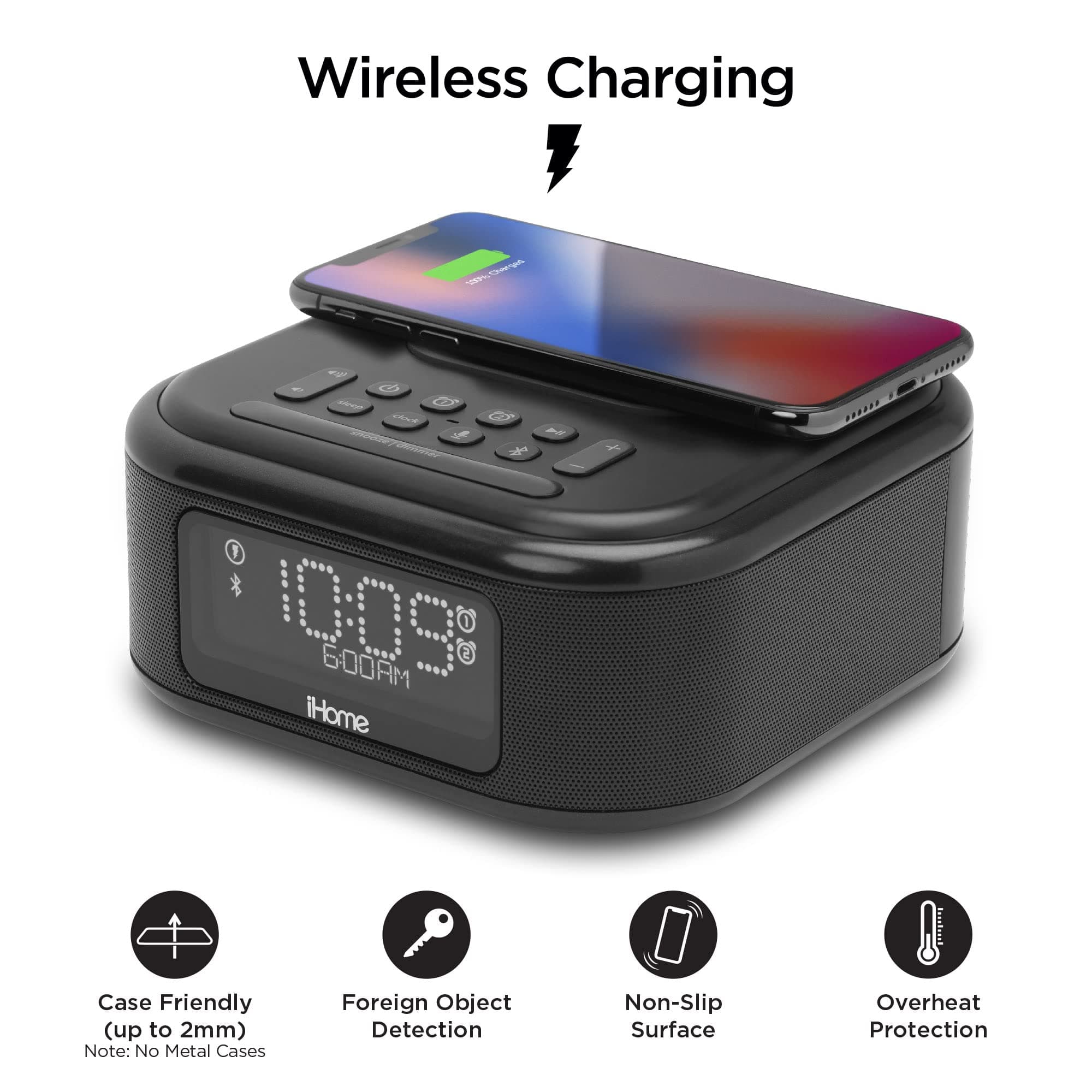 iHome iBTW23 Wireless Charging Bluetooth Alarm Clock with Speakerphone & USB Charging Port For iPhone X 8/8Plus & More