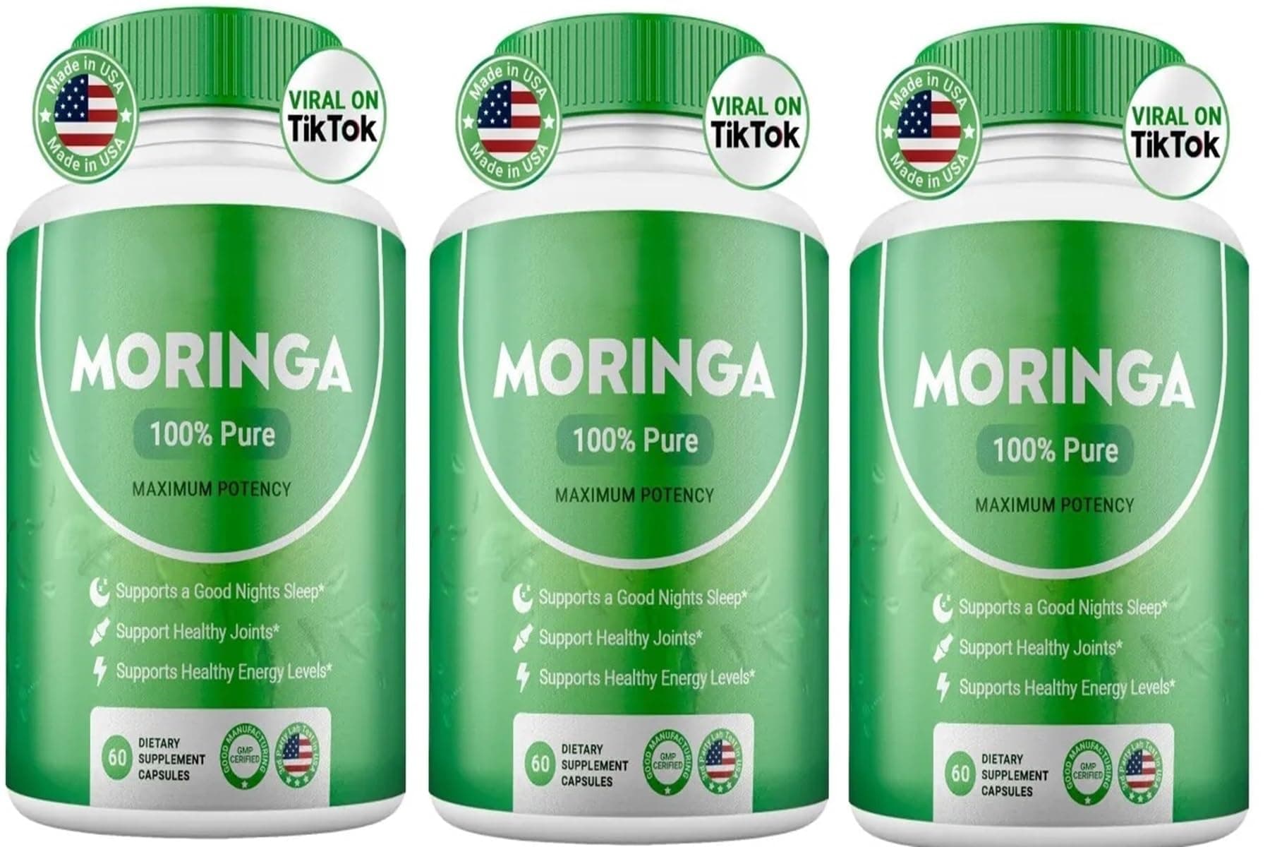 Moringa Powder Capsules - Pure Nutrient-Rich Moringa Powder - A Natural Green Antioxidant Superfood - Supports Energy, Skin Health, Gut Health+ - w/Essential Vitamins & Amino Acids(Pack of 3)