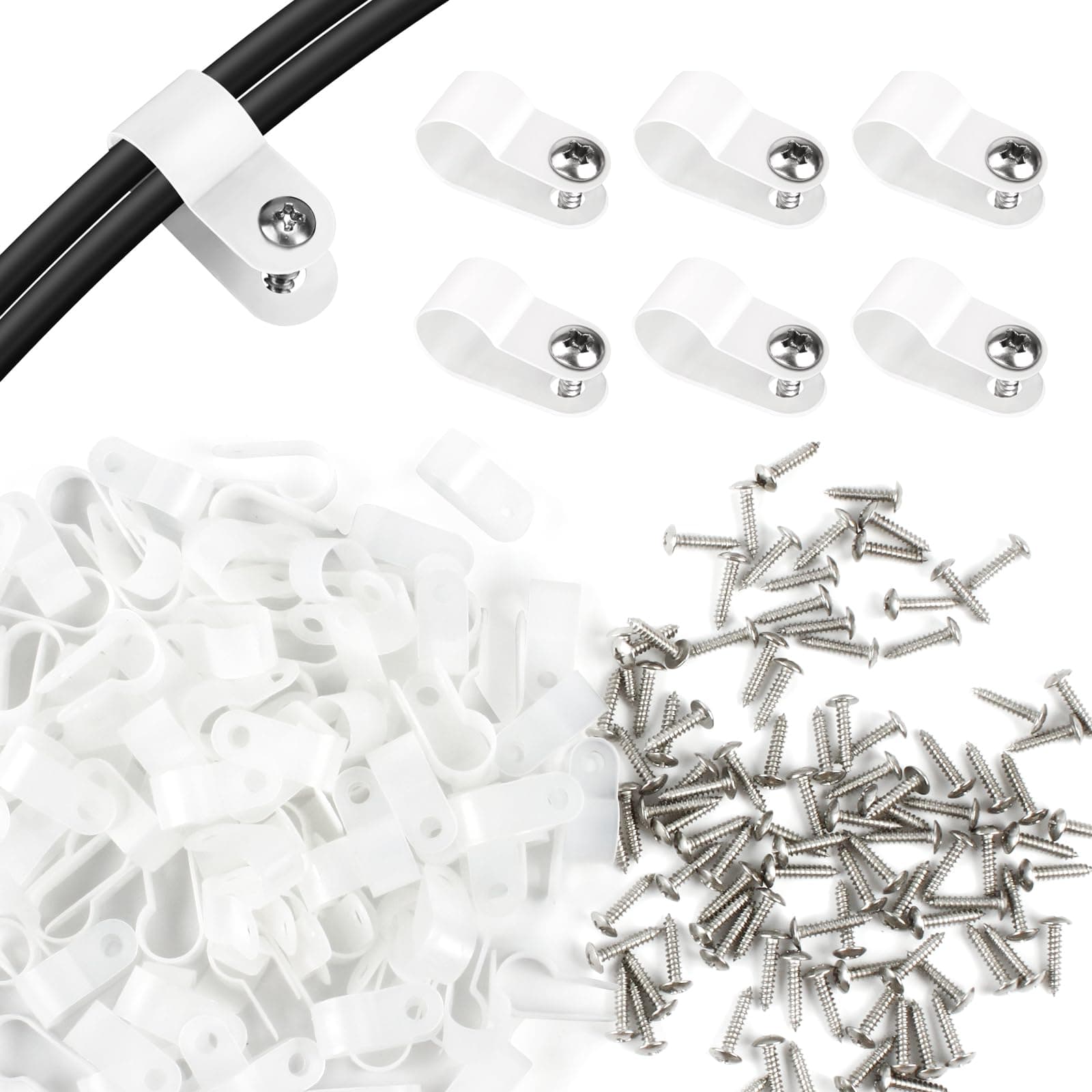 RGBZONE 120pcs 3/8 Inch White R-Type Cable Clips with Screws, Nylon Plastic Wire Clips for Indoor Outdoor Electrical Wire Cord Management (10.4mm, 3/8 Inch)