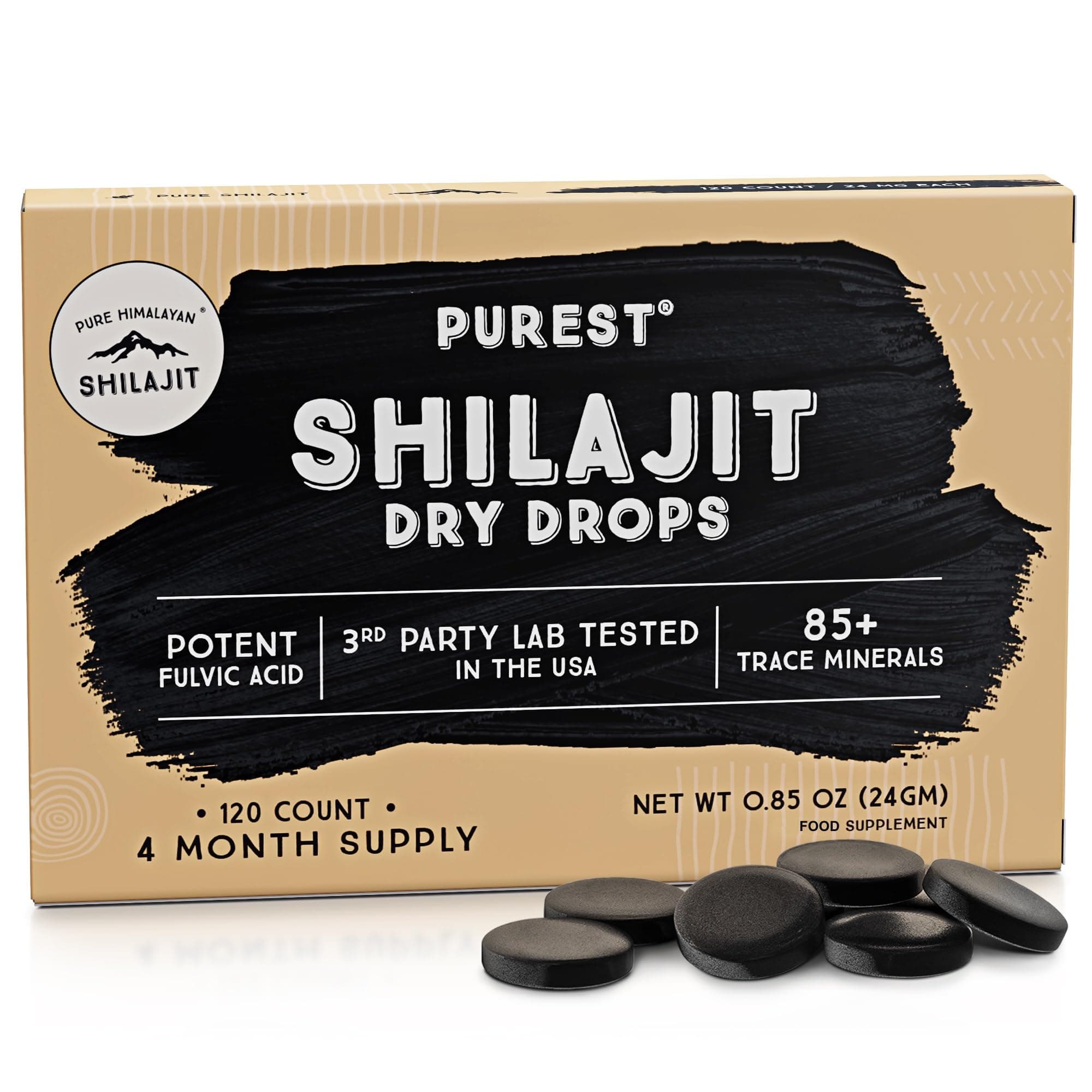 Shilajit Dry Drops - 120 Counts, Rich in Naturall Fulvic Acid, Original Siberian Shilajit, 100% Pure, Trace Minerals Complex