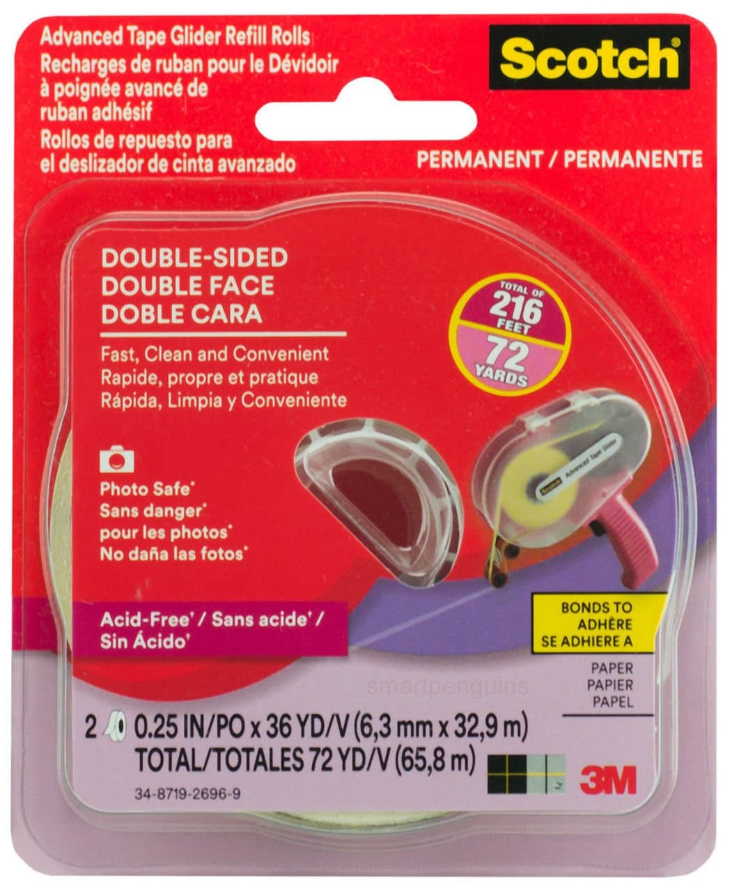 Scotch Tape Glider Refill Rolls Box of 2 Acid-Free Adhesive Transfer Tape 1/4 in.