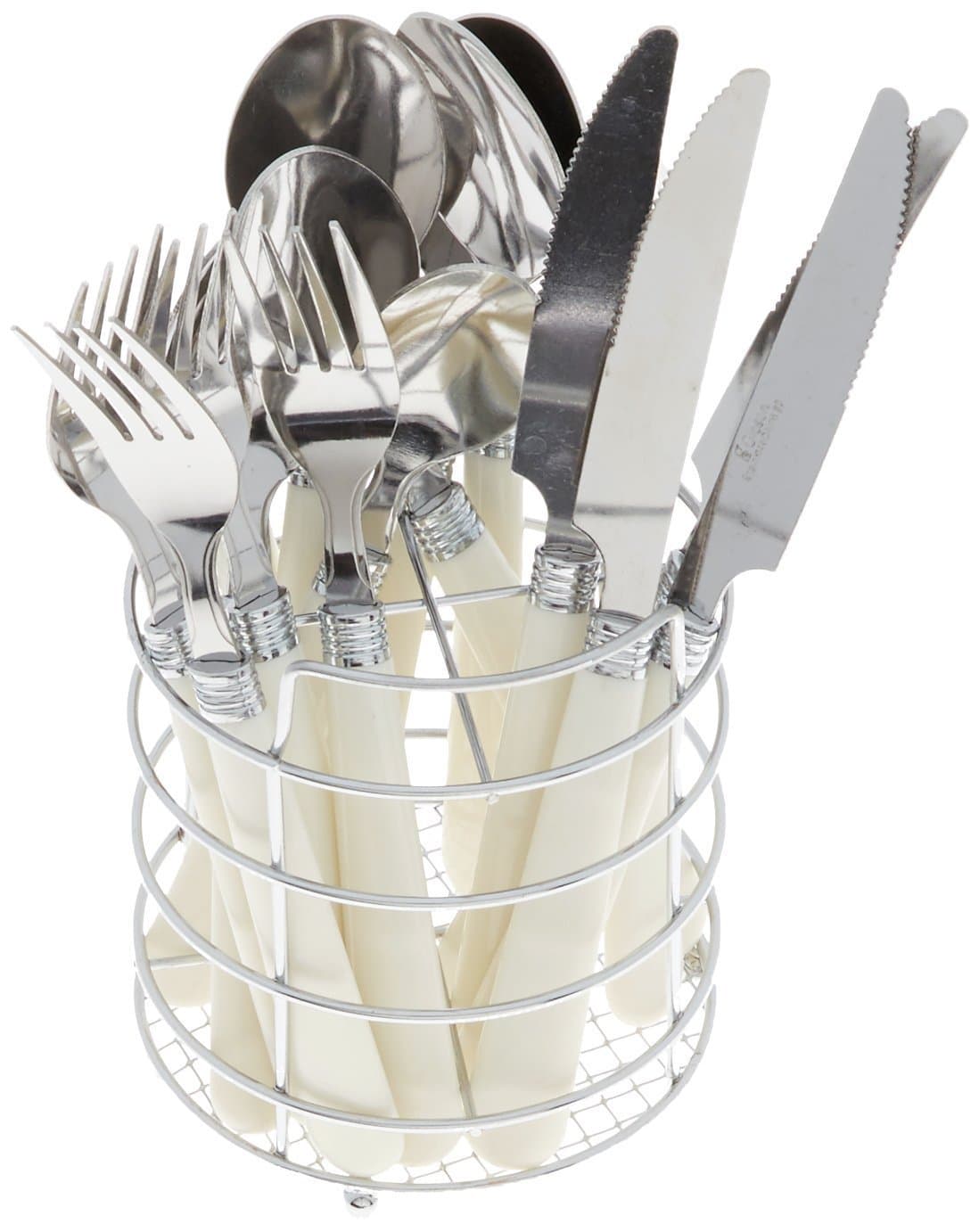 Gibson Sensations 16-Piece Stainless Steel Flatware Set with Metal Caddy - Includes Knives, Forks, Large & Small Spoons - Durable, Dishwasher Safe Silverware for Everyday Dining (White)