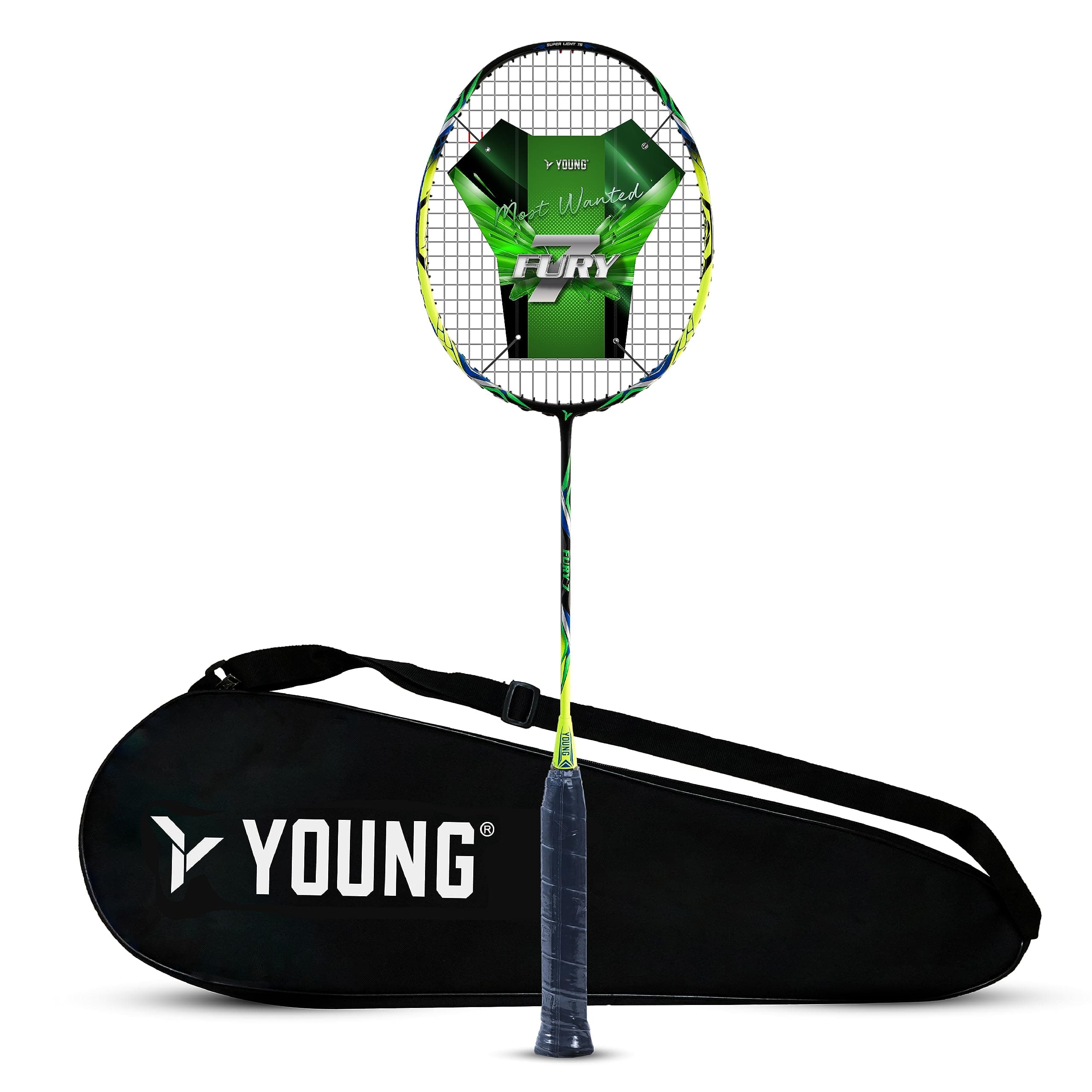 YOUNG (Malaysia) Fury 7 Graphite Professional Badminton Racket, Lightweight, Head Light, One Piece High Modulus 24-Ton Graphite, Strung, (Neon-Yellow), Includes Full Cover