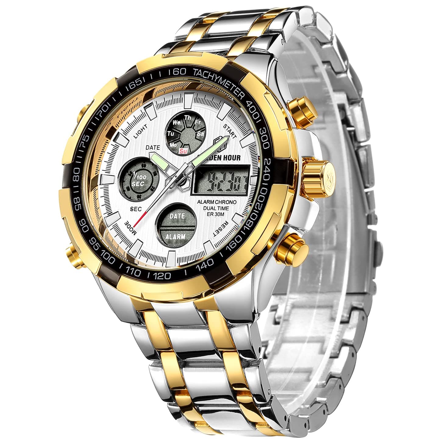 GOLDEN HOUR Luxury Stainless Steel Analog Digital Watches for Men Male Outdoor Sport Waterproof Big Heavy Wristwatch