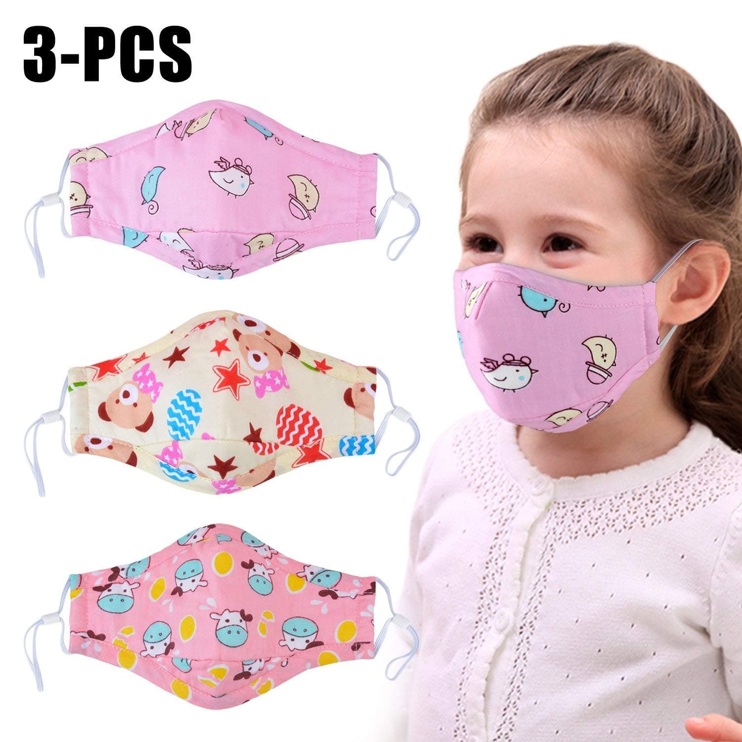 Dust Mask for Kids,PM2.5 Kids Mouth Face Mask with 6 Pcs Activated Carbon Filter Insert,Washable Cute Cotton Mouth Mask with Adjustable Straps(3 Pcs) (Girls)