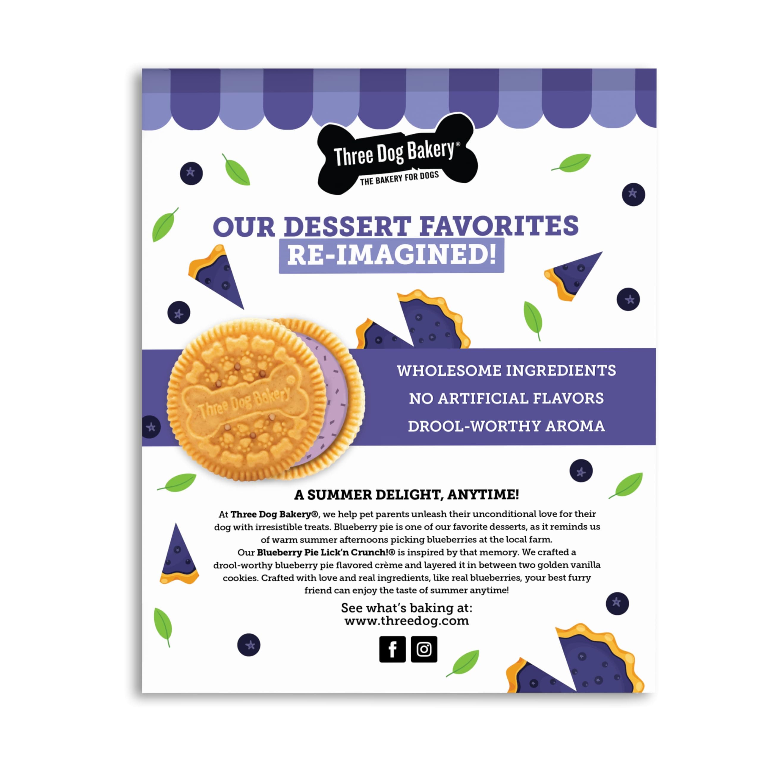 Three Dog Bakery Blueberry Pie Lick’n Crunch! Dog Treats, Dessert-Inspired Sandwich Cookies with Real Blueberries & Vanilla, Crunchy Baked Dog Cookies, Made in The USA, 13 oz