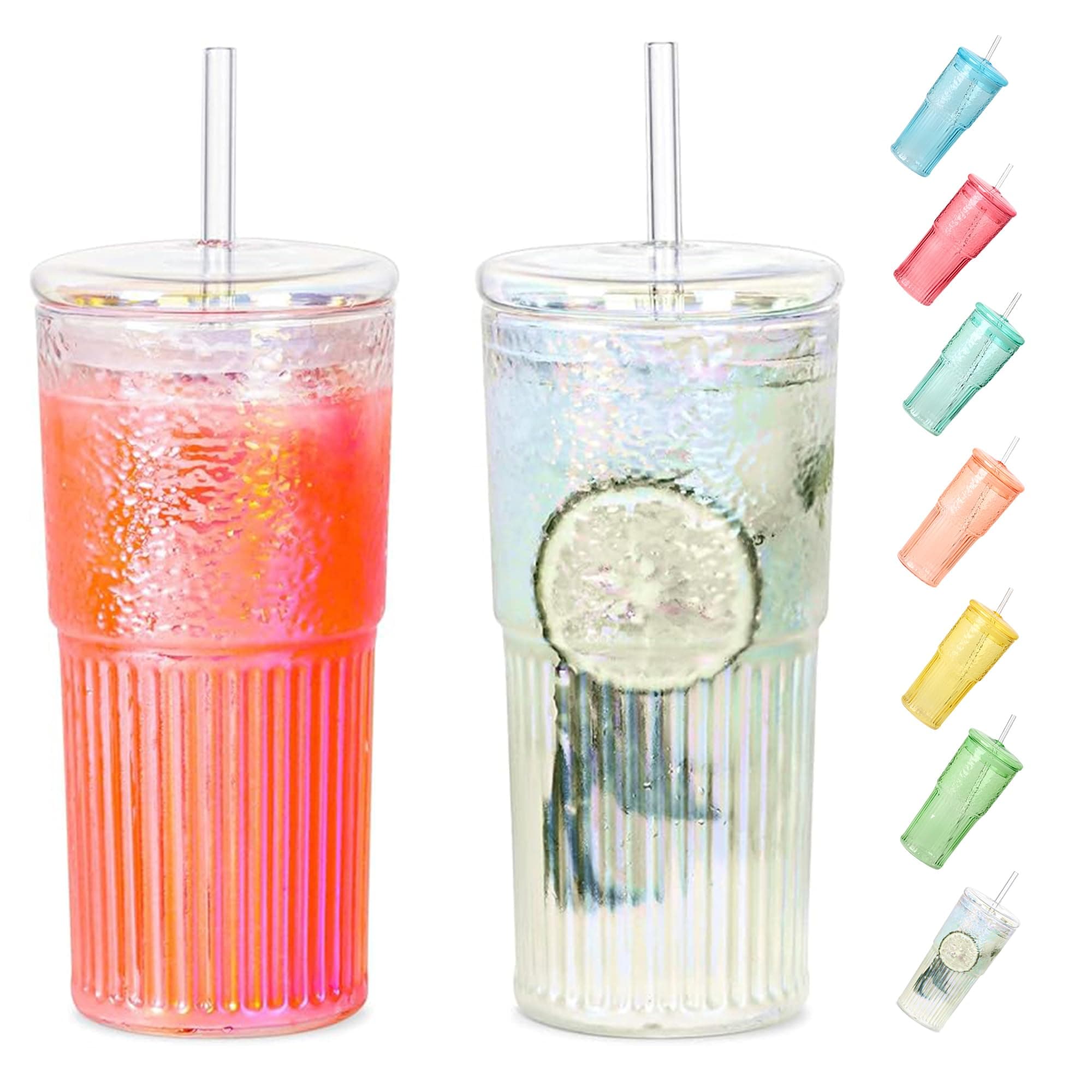 Colorful High Borosilicate Glass Cups With Lids and Glass Straws，20 OZ Rainbow Iced Coffee Water Tumbler Smoothie