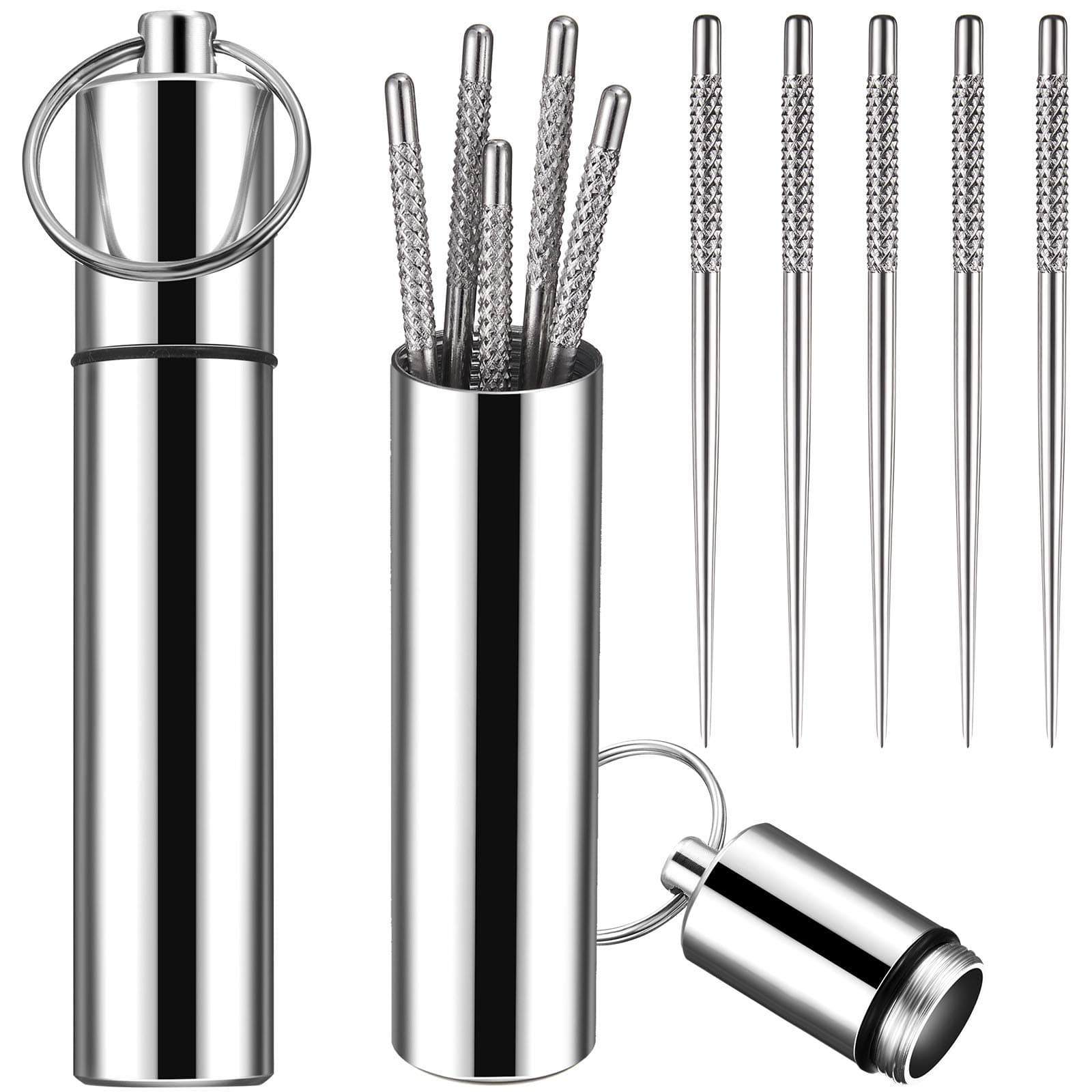 Geiserailie Portable Mini Pocket Titanium Toothpick Holder with 10 Pieces Reusable Titanium Toothpicks Waterproof Toothpick Case Toothpick Fruit Picks for Outdoor Picnic Camping Traveling(Silver)