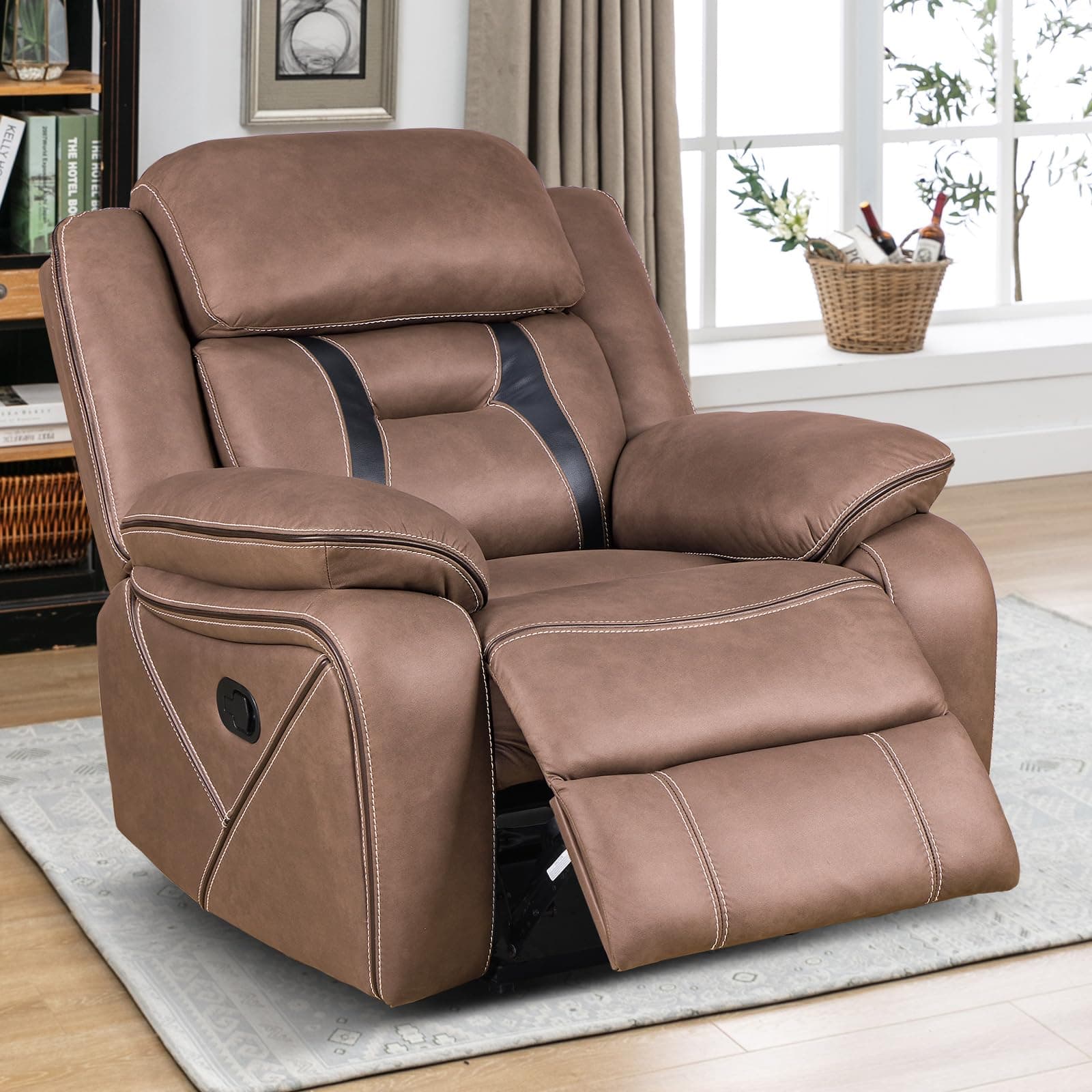 EBELLOManual Recliner Chair, Faux Leather Single Reclining Sofa Chair with Overstuffed Armrest and Headrest, for Living Room, Bedroom Furniture, Meeting Room, Brown