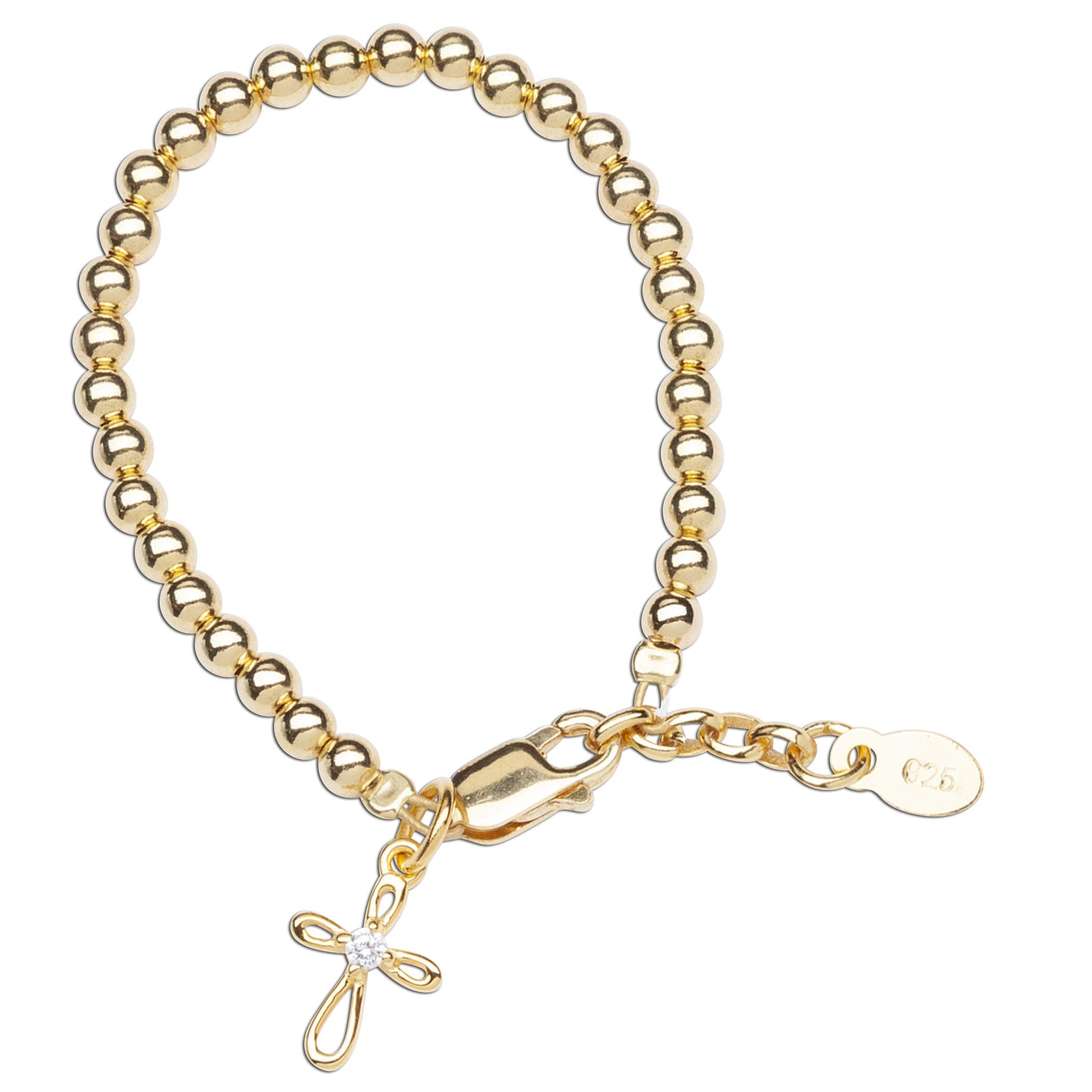 Girl's 14K Gold-plated Stackable Bracelet with Cross Charm for Girls Baptism, Christening, First Communion and Keepsake Gift