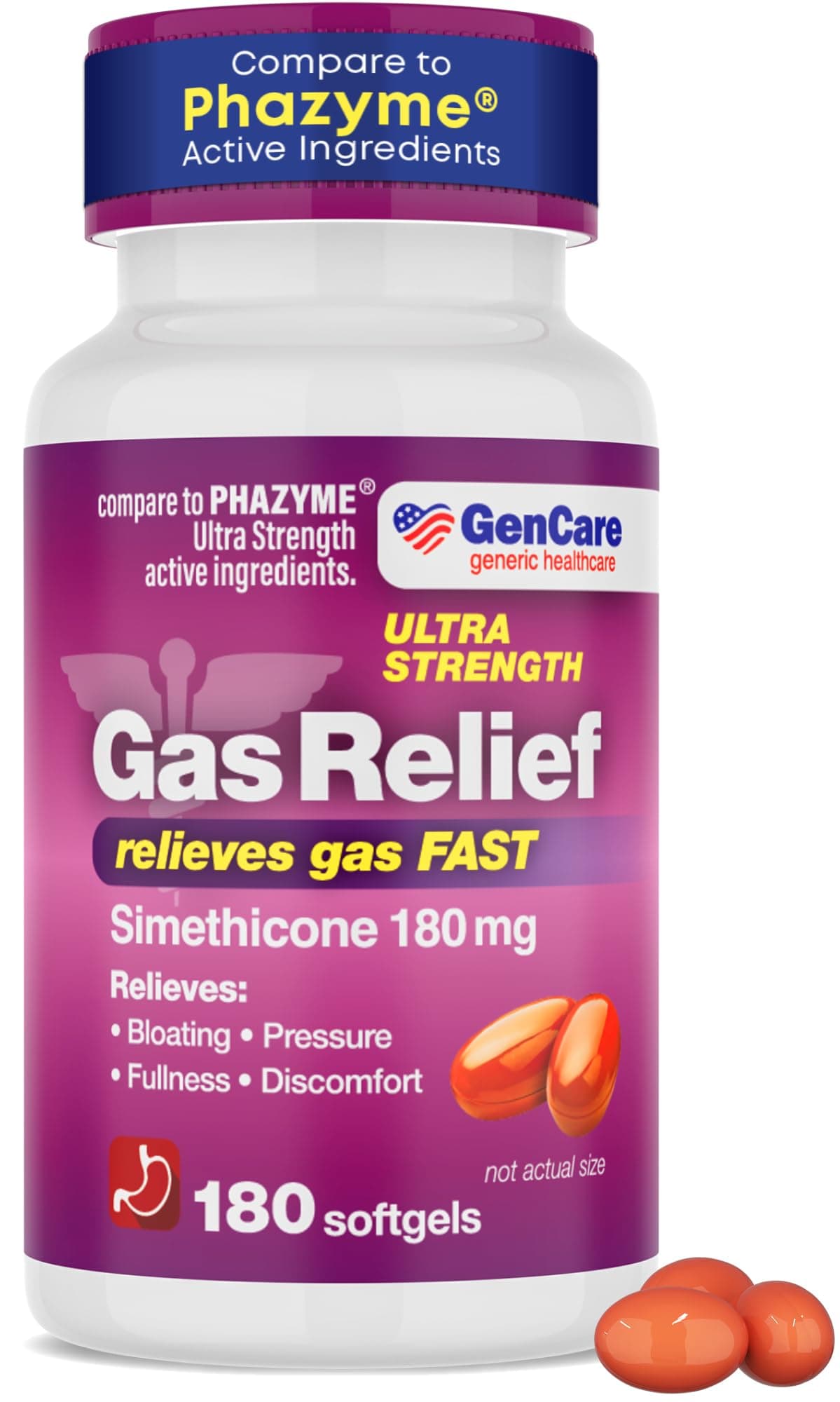 Ultra Strength Simethicone Gas Relief 180 Mg (180 Softgels) | Anti Flatulence, Bloating Aid, Stomach Discomfort And Pressure Reliever Pills Relieves Fast Generic Phazym