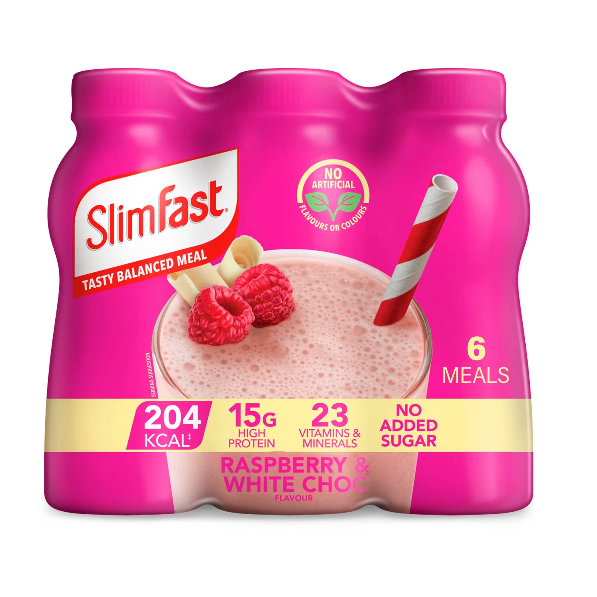 Ready To Drink Shake, Meal Replacement Shakes for Weight Loss and Balanced Diet, High Protein, Vitamins and Minerals, No Added Sugar, Raspberry and White Chocolate Flavour, 6 x 325 ml