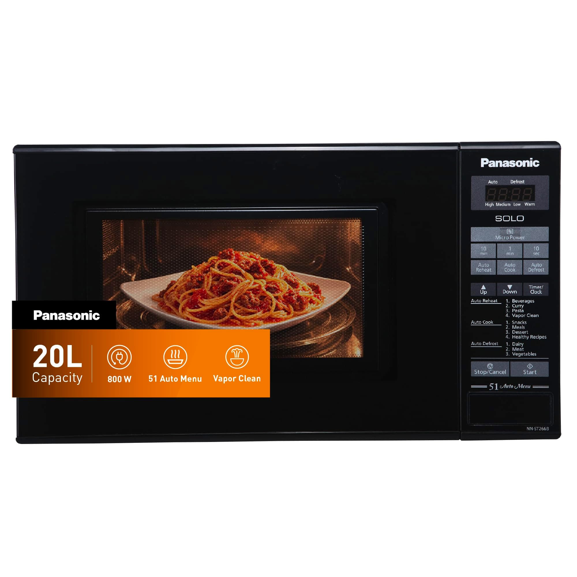 20L Solo Microwave oven, NN-ST266B - 800W, Easy touch control, Auto Reheat, 51 Auto Menu, Auto Defrost, Child Safety lock - Black