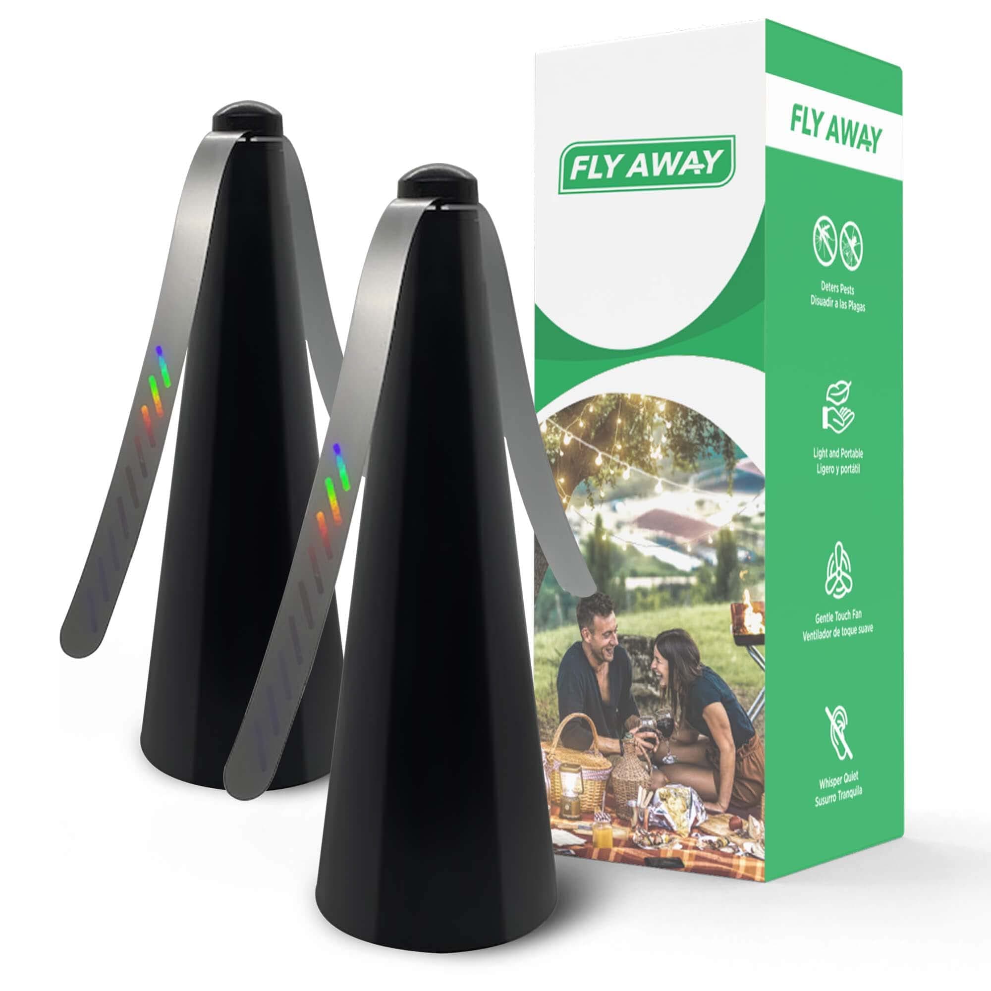 Fly Away Product2 Pack Outdoor Repellent Fan, Outside or Inside Table use, Restaurant, Barbeque, Events, Deter Flies, Wasps, Bees, Other Moscas and Bugs , Battery Operated, Tabletop, Hanging Hook.