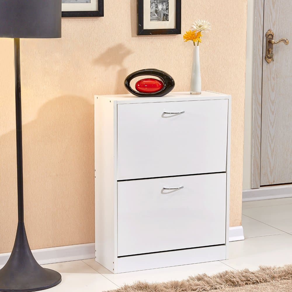 Tason Modern Design High Gloss Shoe Cabinet, Wooden Shoe Rack Closet Hallway Storage Organiser Unit (2 Drawer, White)