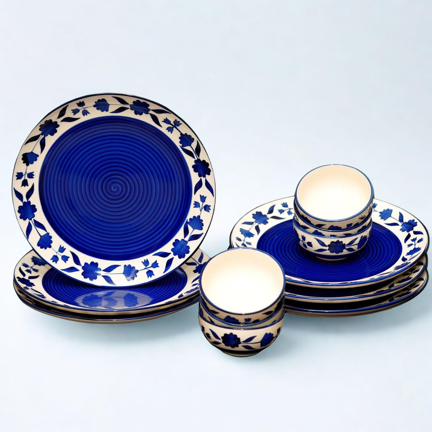 Handcrafted Ceramic Blue Floral 12 Pieces Dinner Set - 6 Full Plate 10 inch, 6 Serving Bowls 4 inch| Microwave Safe, Freezer Safe, Dishware Safe (Blue)