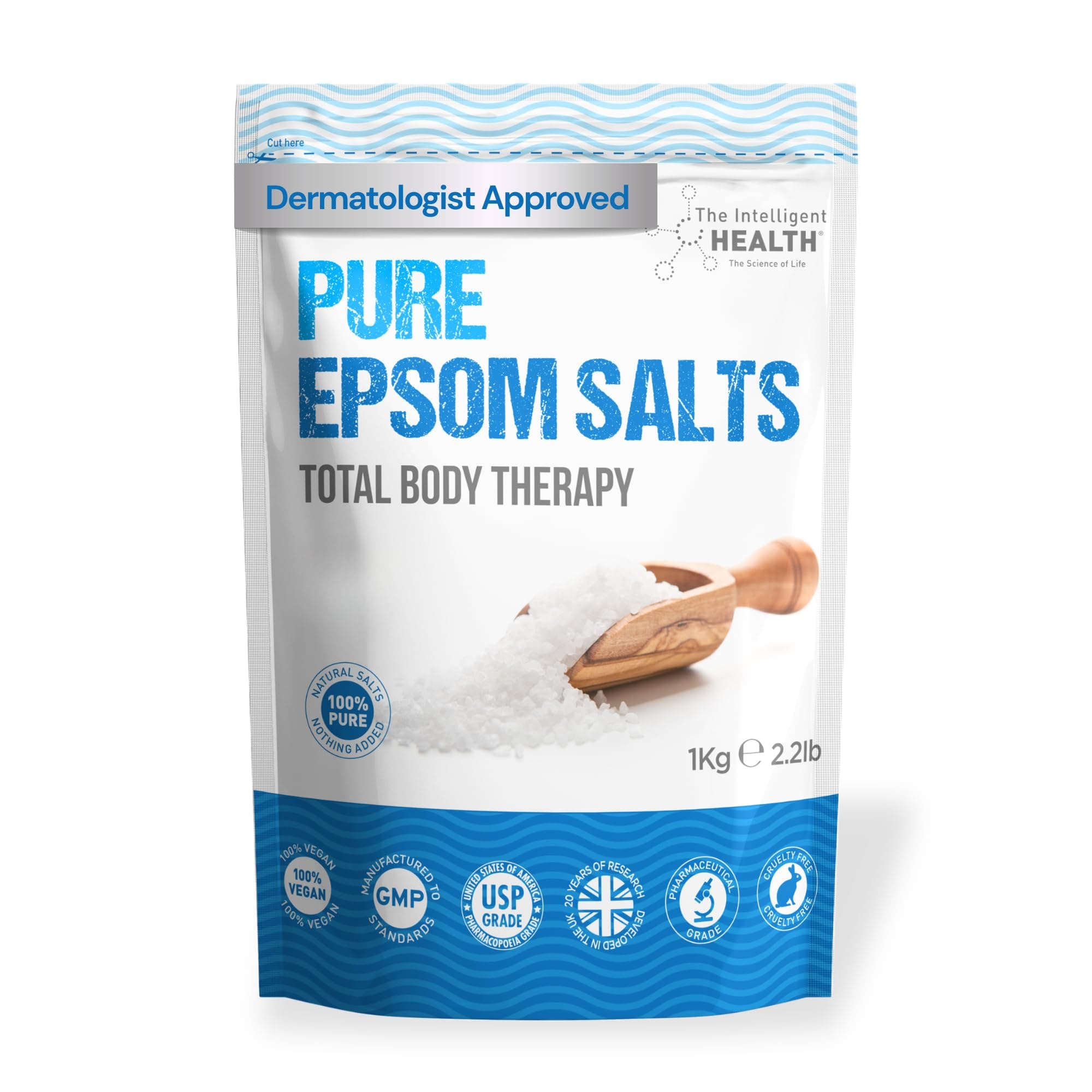 The Intelligent Health Pure Epsom Salts 1kg Pack, Total Body Therapy, 100% Pure Premium Quality Magnesium Sulphate Traditional Bath Soak, Fine 1.4mm Easily Dissolvable Grain Size, Vegan Friendly, by
