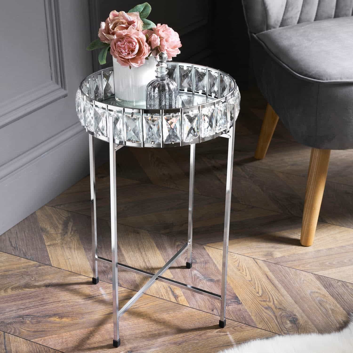 U.saf KB Silver Crystal Mirrored Tray Table, Contemporary Mirrored Side Table For Livingroom Bedroom, Removable Tray Top Ideal For Placing Drinks_W30 x D30 x H50cm