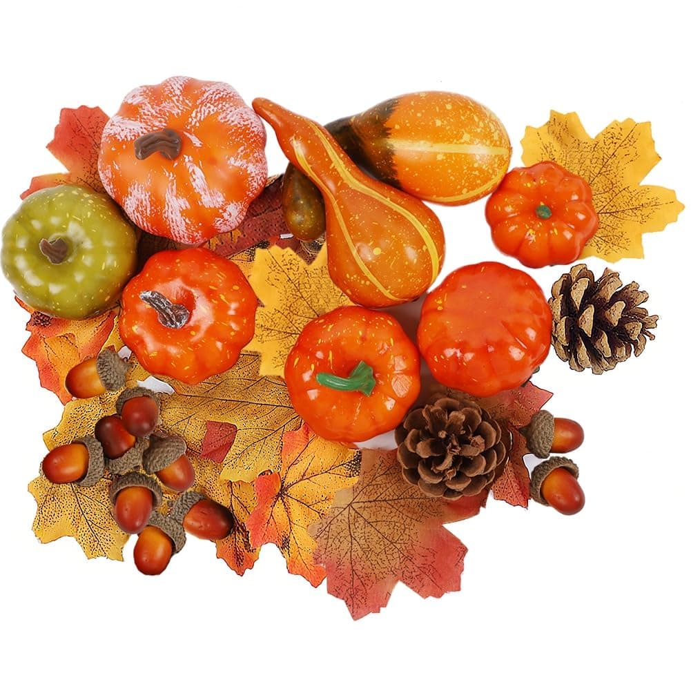 winemana Thanksgiving Fall Decorations for Home-6pcs Mini Pumpkins & 2pcs Gourds, 30pcs Leaves & 10pcs Acorns, 2pcs Pinecones Centerpiece Set-Harvest Decor for Table Mantel (Largest: 4.5" x 2.1")