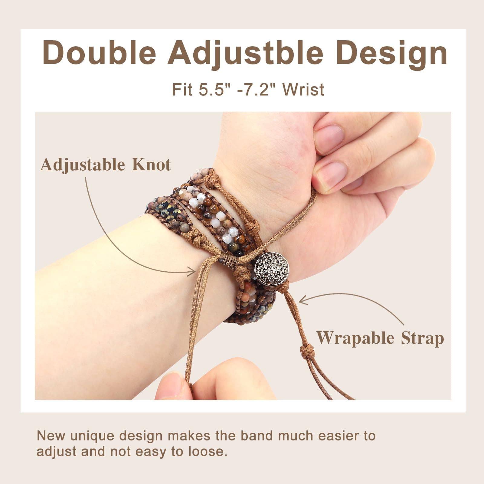 JR.DM Boho Beaded Band Women Compatible with Apple Watch 42mm(S3/2/1) 44mm 45mm 46mm 49mm Brown Stone Bracelet Adjustable Handmade Braided Strap for iWatch Series 11/10/9/8/7/6/5/4/SE 3/2/1/Ultra