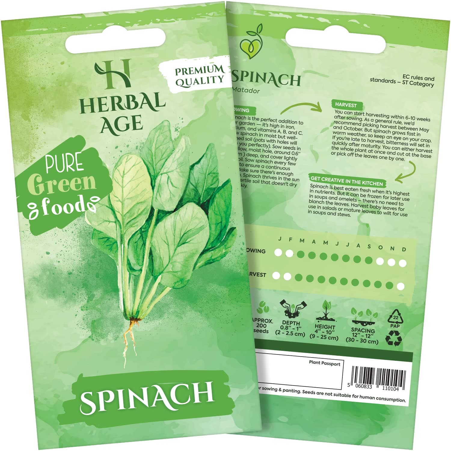HERBAL AGE Spinach Seeds Plants, Grow Your Own Herb Garden Kit, ~200 Seed Box, Salad Herbs Seeds for Planting UK, Veg Plant Gardening Gift for Men & Women, Seeds to Plant Outdoor & Indoor