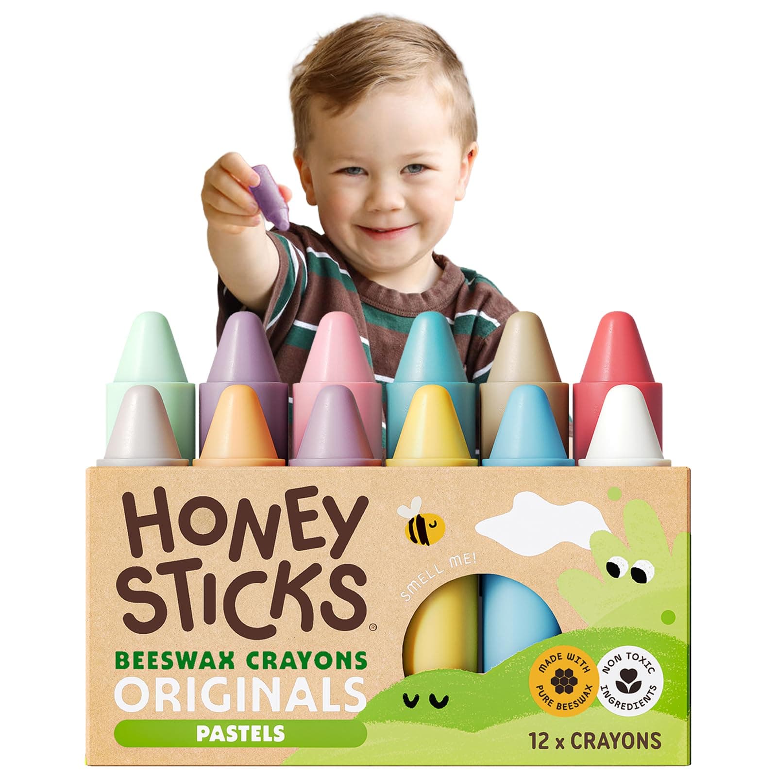 100% Pure Beeswax Crayons (12 Pack) - Pastel Colored - Non Toxic Crayons for Toddlers 1-3, Safe for Baby from 1 Year Old Plus, Handmade with Natural Beeswax and Food-Grade Colors, Eco