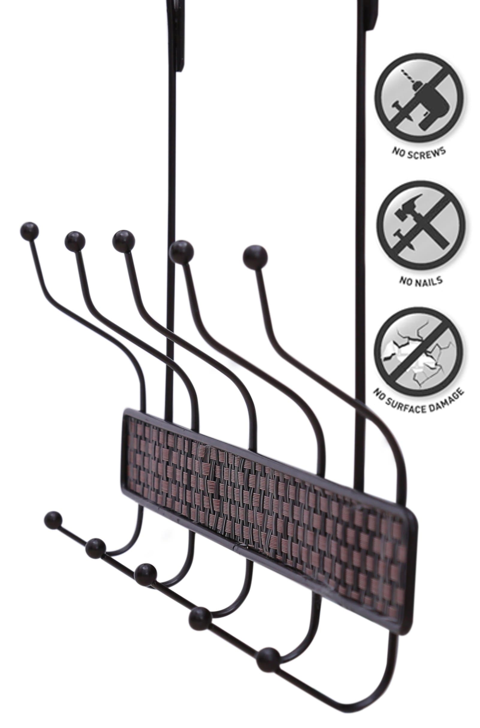 Easy to Hang Easy Fix Over Door Coat hangers, No Screws No Drill, Back of door Hooks for Clothes, Hats, Skirts, Trousers, Jackets, Jeans, Suits and Bags, Portable Towel rack (5 Hook, Brown Metal Storage Set)