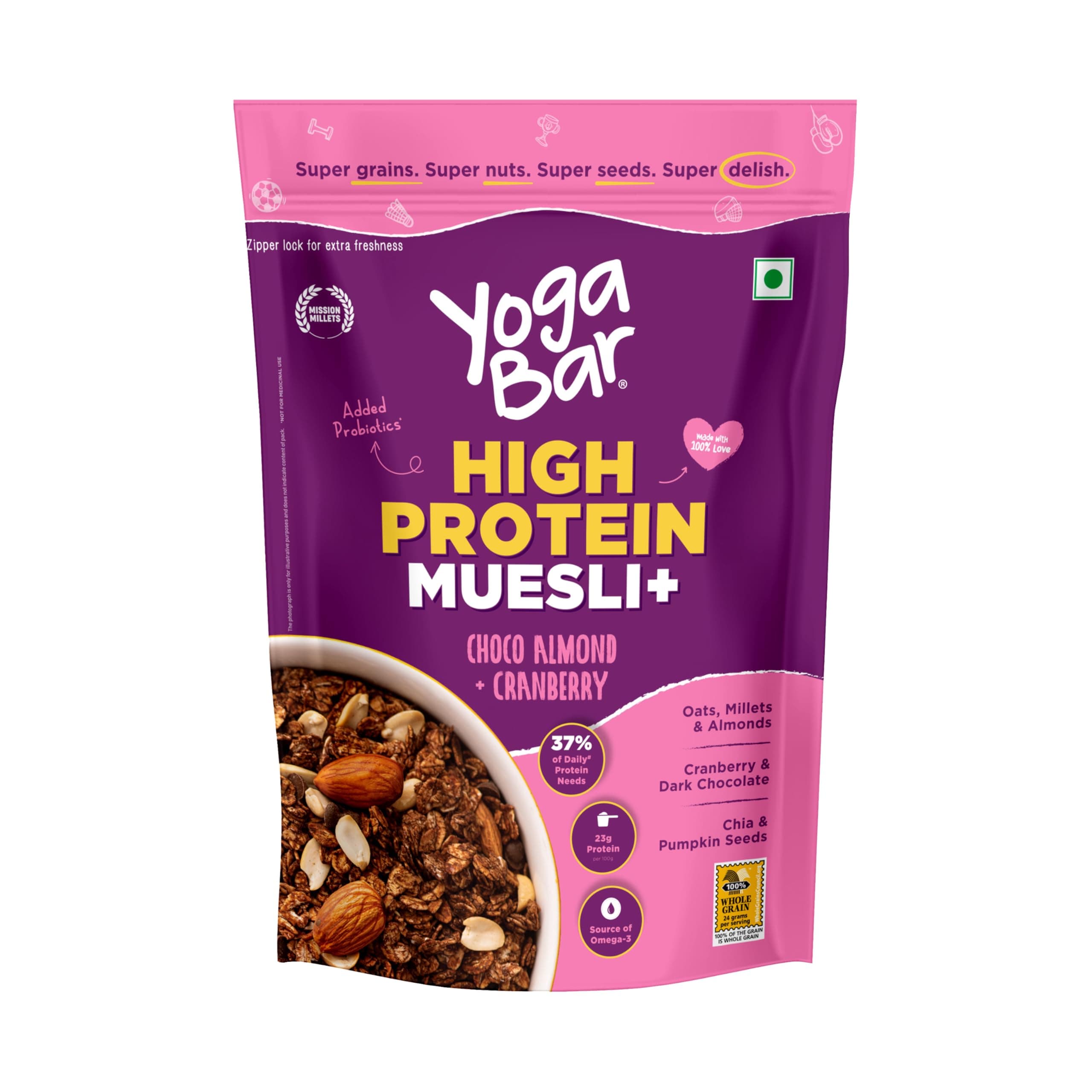 Yogabar High Protein Muesli, Choco Almond & Cranberry, 21g Protein Muesli Whey Protein Isolate, Almonds & Probiotics, Muesli with Dark Chocolate, Nuts, Seeds, Dried Fruits, Protein Snacks 850g
