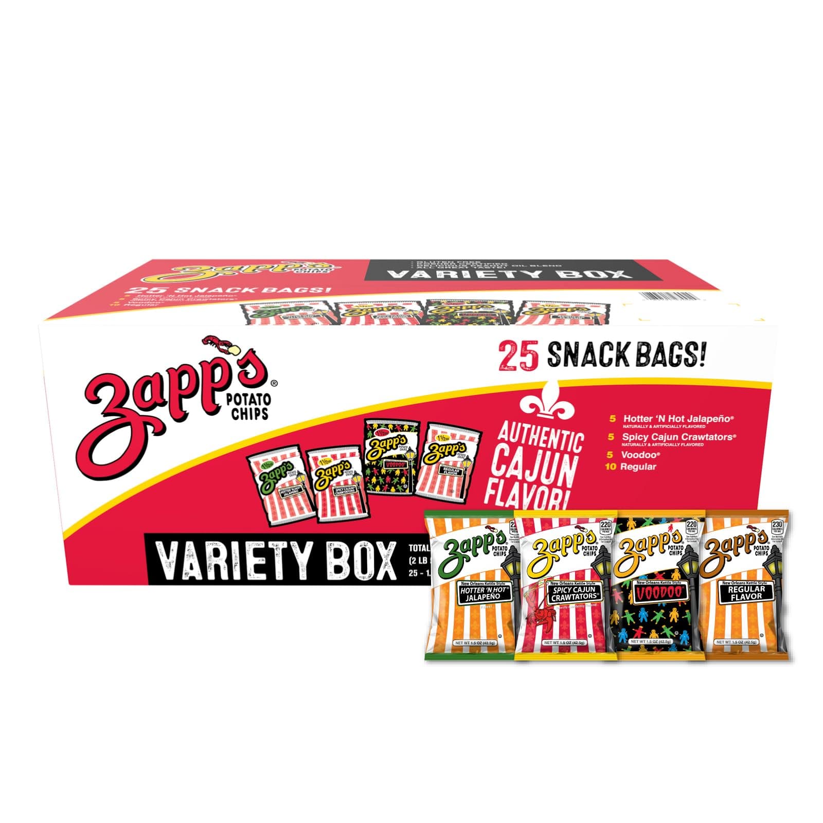 Zapp’s New Orleans Kettle-Style Potato Chips Variety Pack (1.5 oz Bags, 25 Count) – Includes Voodoo, Hotter N' Hot Jalapeno, Spciy Cajun Crawtators, Regular Perfect On-The-Go, Gluten Free Snack