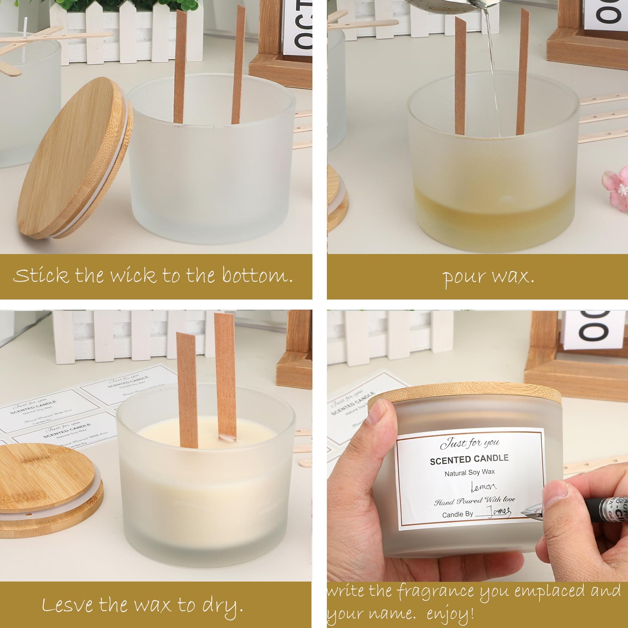 MILIVIXAY 6 Pack 16oz Candle Jars with Bamboo Lids and Candle Making Kits, 3 Wick Candle Jar, Frosted White Thick Glass Jars Empty Bulk for Making