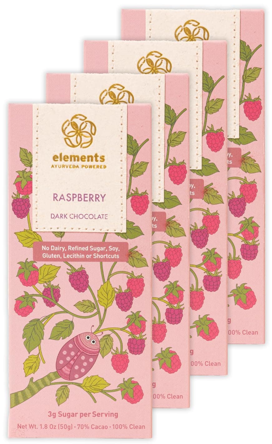 Elements Truffles Raspberry Flavoured Dark Chocolate Bar| Ayurvedic, Vegan & Gluten Free | No Refined Sugar & Artificial Flavours | Enriched with Cocoa, Coconut Sugar & Raspberry 50g (Pack of 4)