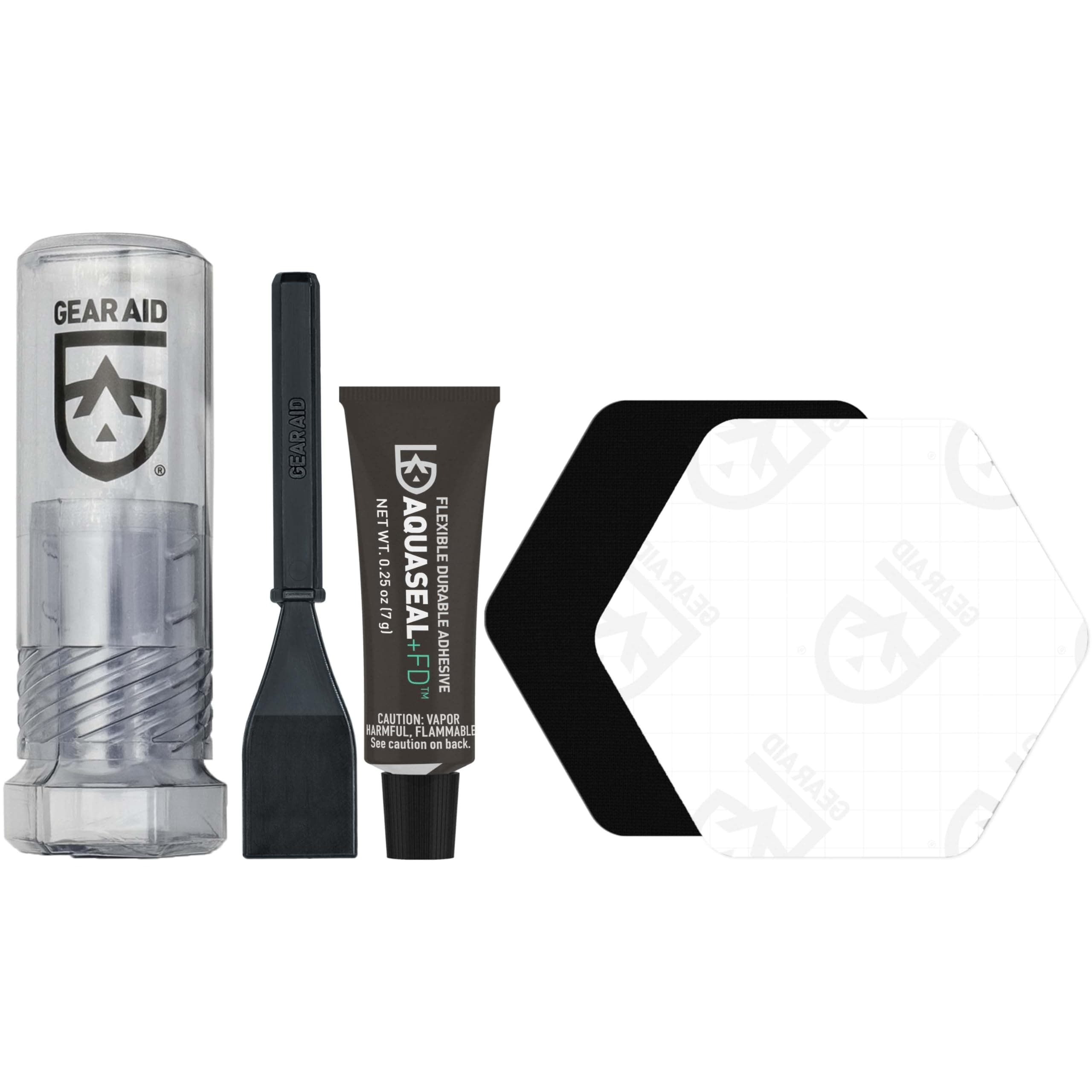 GEAR AID Aquaseal FD Wader and Boot Repair Kit – Waterproof 0.25 oz Adhesive with Two Tenacious Tape Hex Patches (2.5" x 2.8", Black and Clear) for Fixing Holes in Neoprene, Breathable Waders, Boots