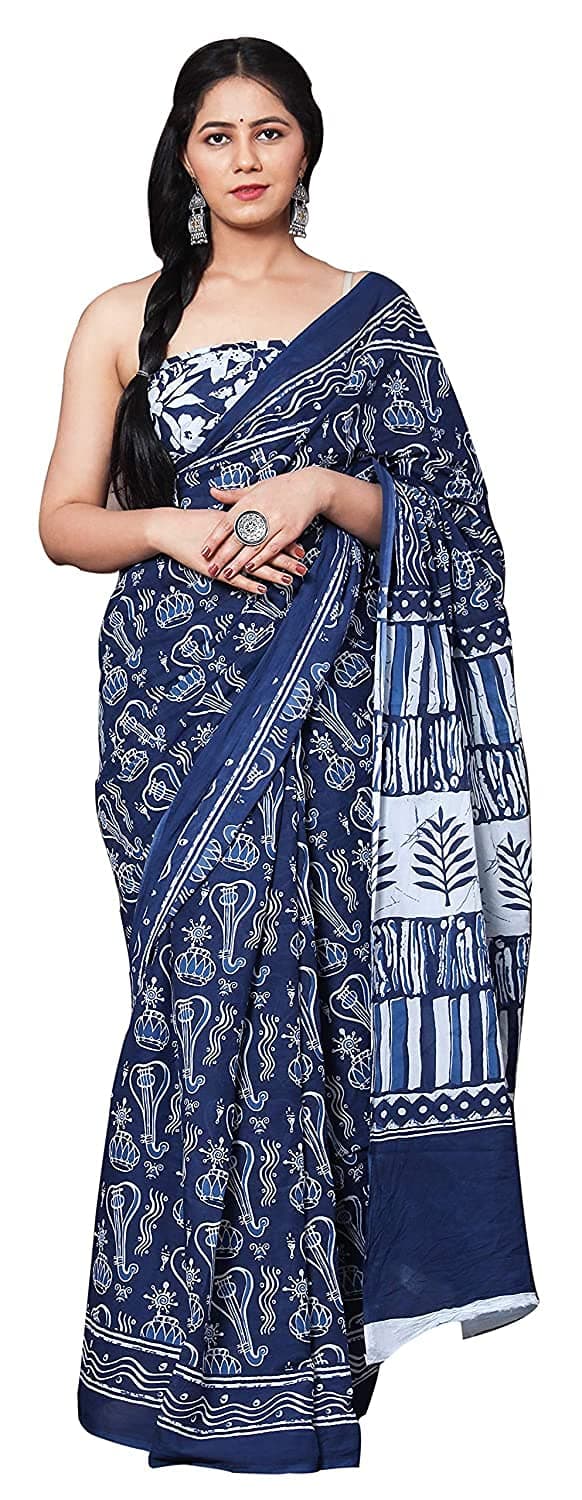 Shivanya Handicrafts Printed Mulmul Cotton Saree for Women Attach Blouse Piece