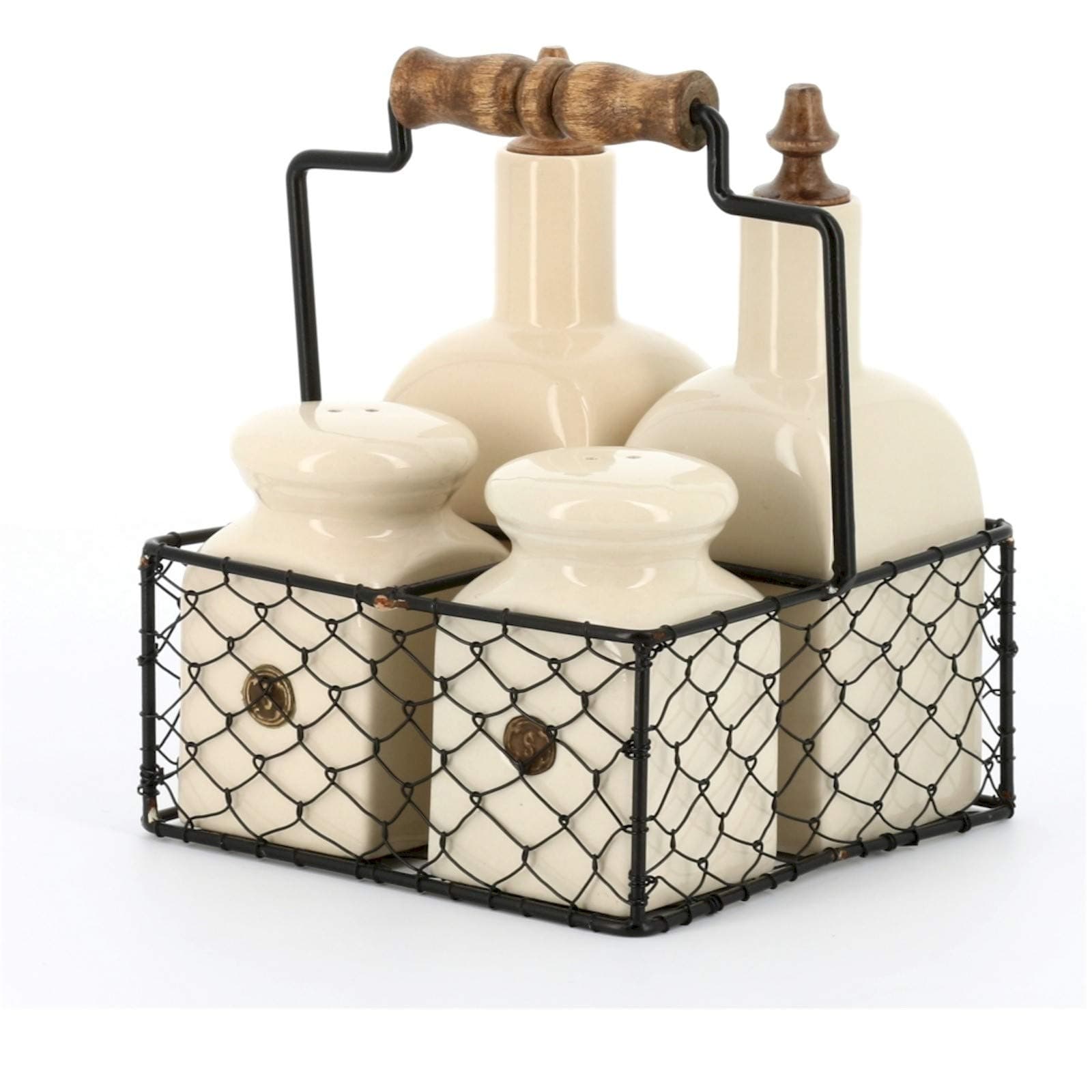 County Kitchen Cream Ceramic Condiment Set in a Wire Basket