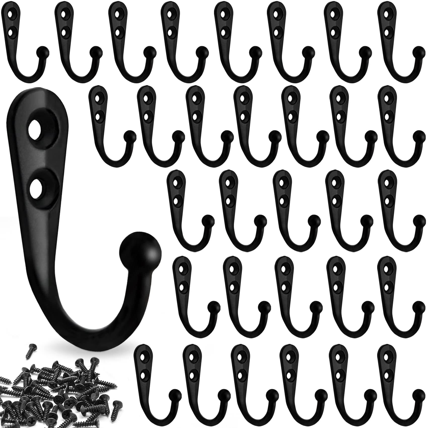 32 Pack Small Wall Mounted Single Prong Robe Coat Hooks,Retro Design No Scratch Rustic Coat Hooks Key Hook for Home Bath Kitchen and More,Including 64 PCS Screws (Black)