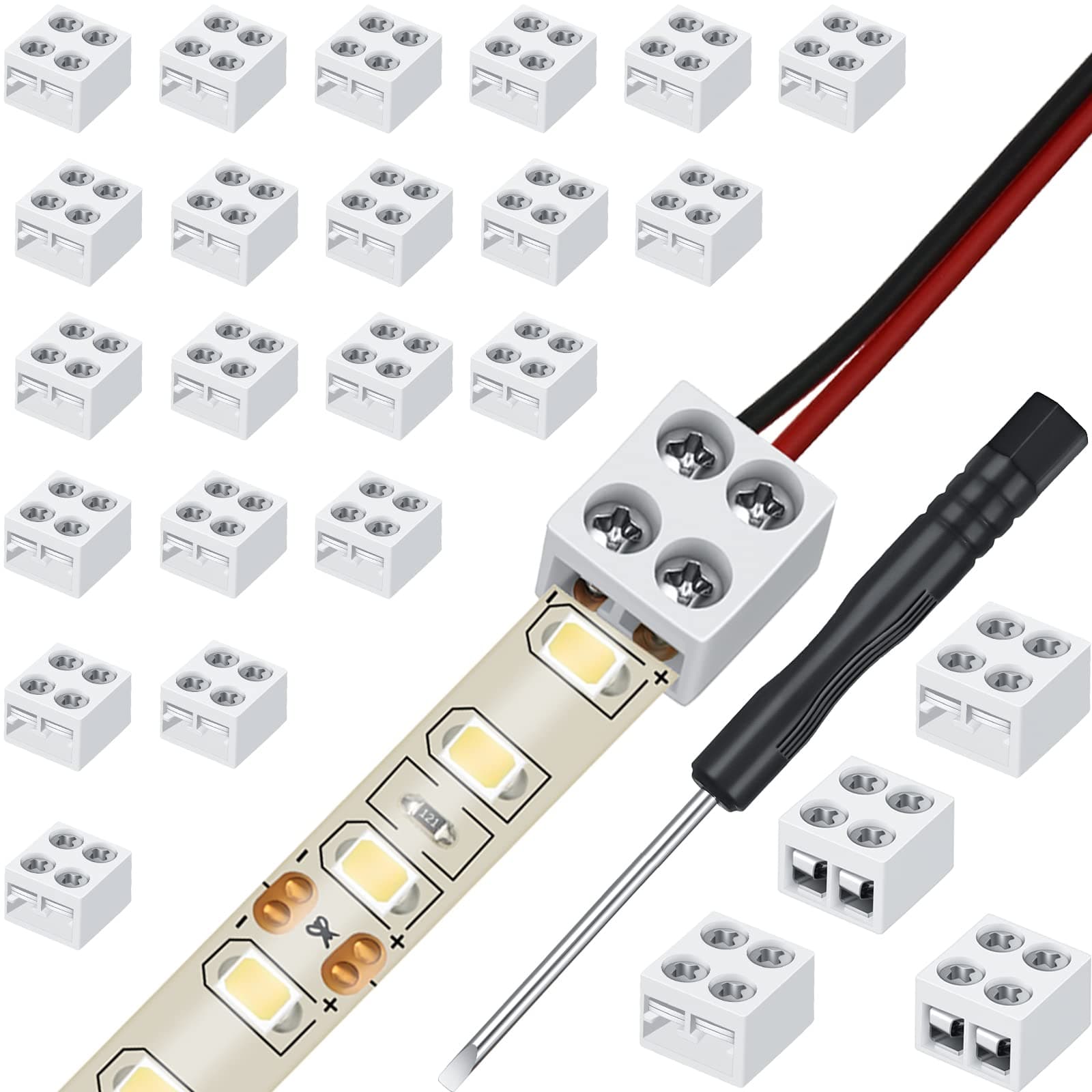 Flutesan 25 Pack Solderless LED Tape Light Connector 2 Pin Terminal Block Screw Down LED Strip Connector Tape to Wire for 5v 12v 24v Single Color Strip Lights(8mm,White)