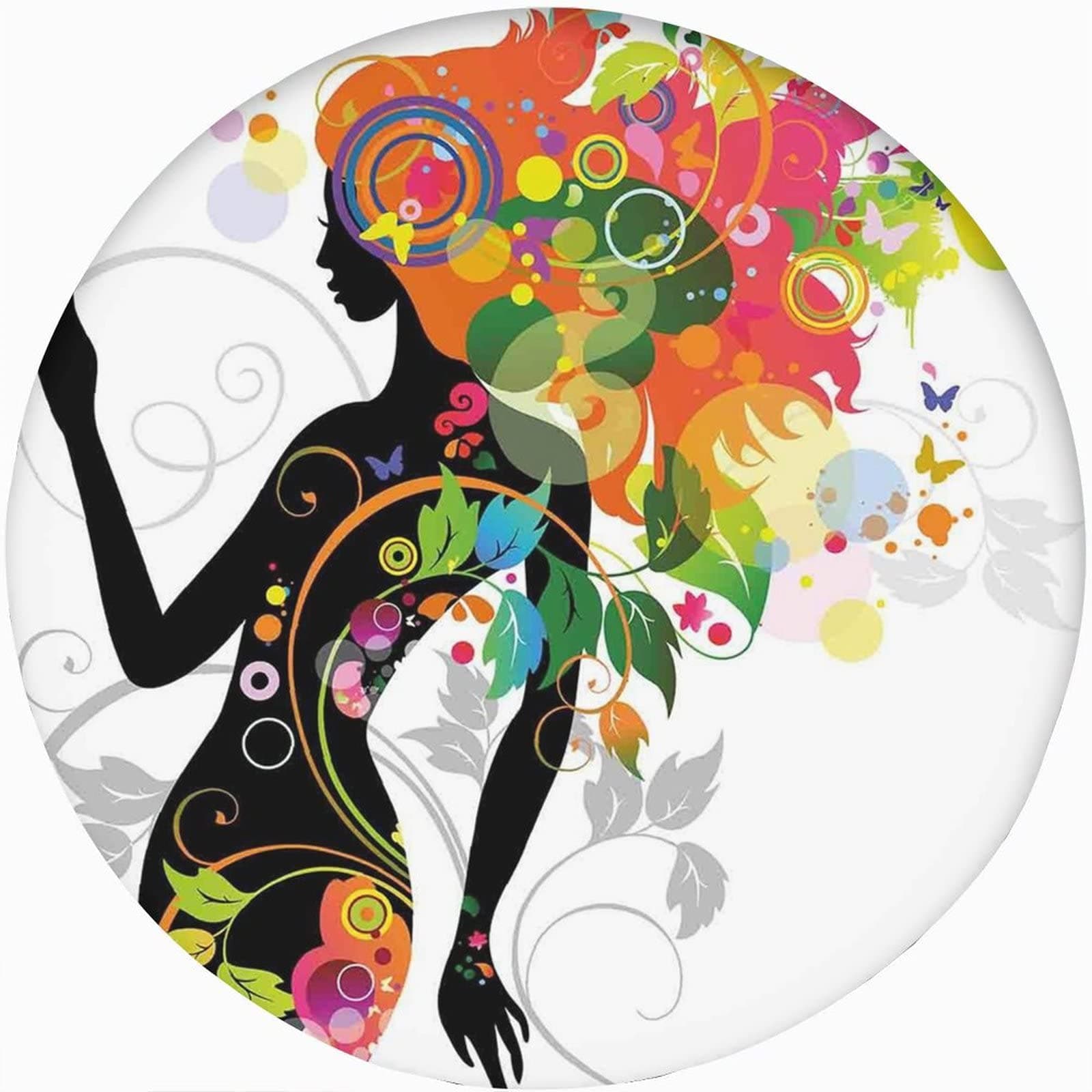 Decorative Round Fitted Tablecloth,Colorful Elastic Edged Polyester Table Pad,Madame Butterfly Modern Spring Spiral Circles Leaf Print Fabric Table Cover, Fits Round Table 54", for Indoor Outdoor