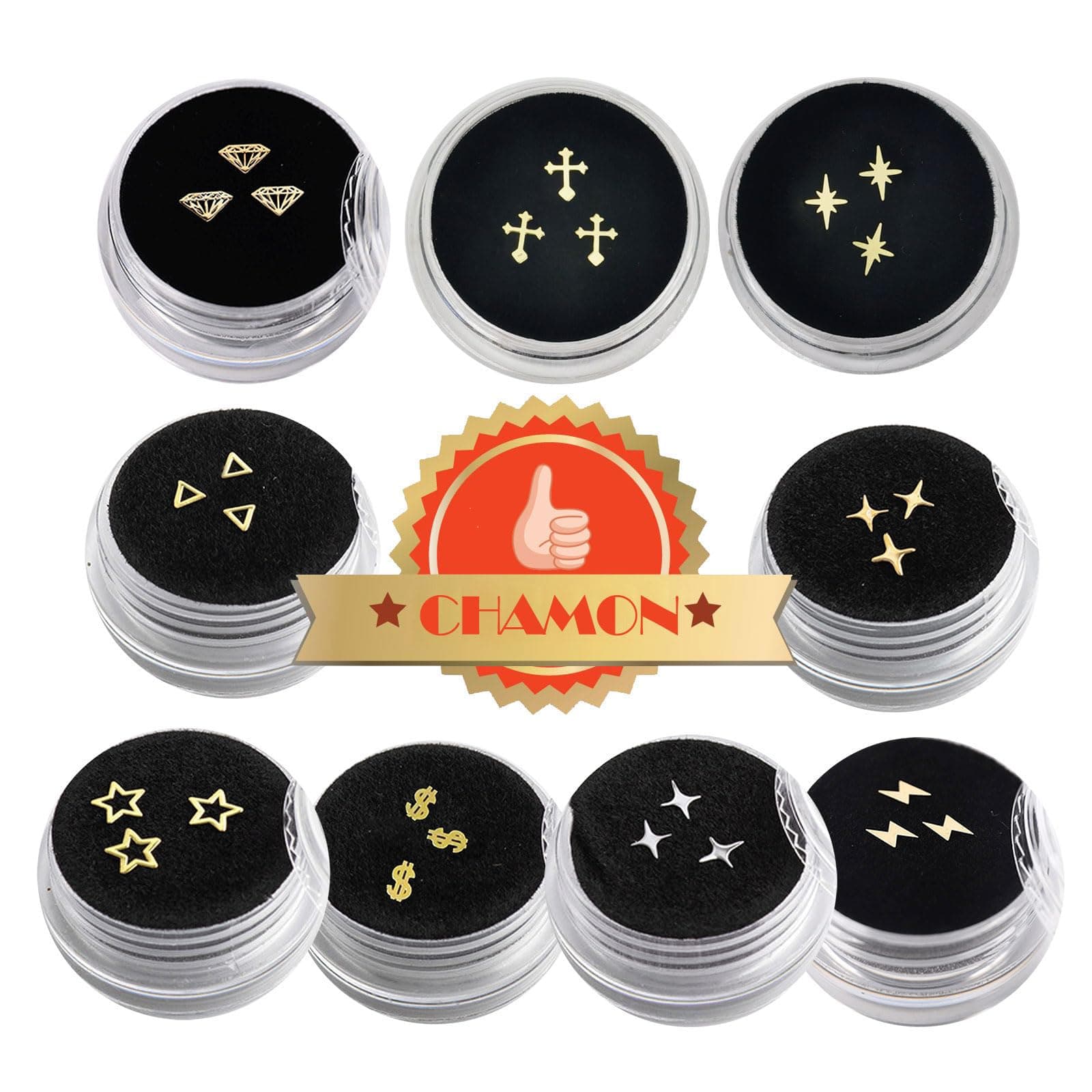 Chamon Gold Plated 18K Tooth Gems - 9 Boxes Cross Star Lightning Design 3mm-5mm Ultra-Thin Decorative Gem for Party and Cosplay DIY