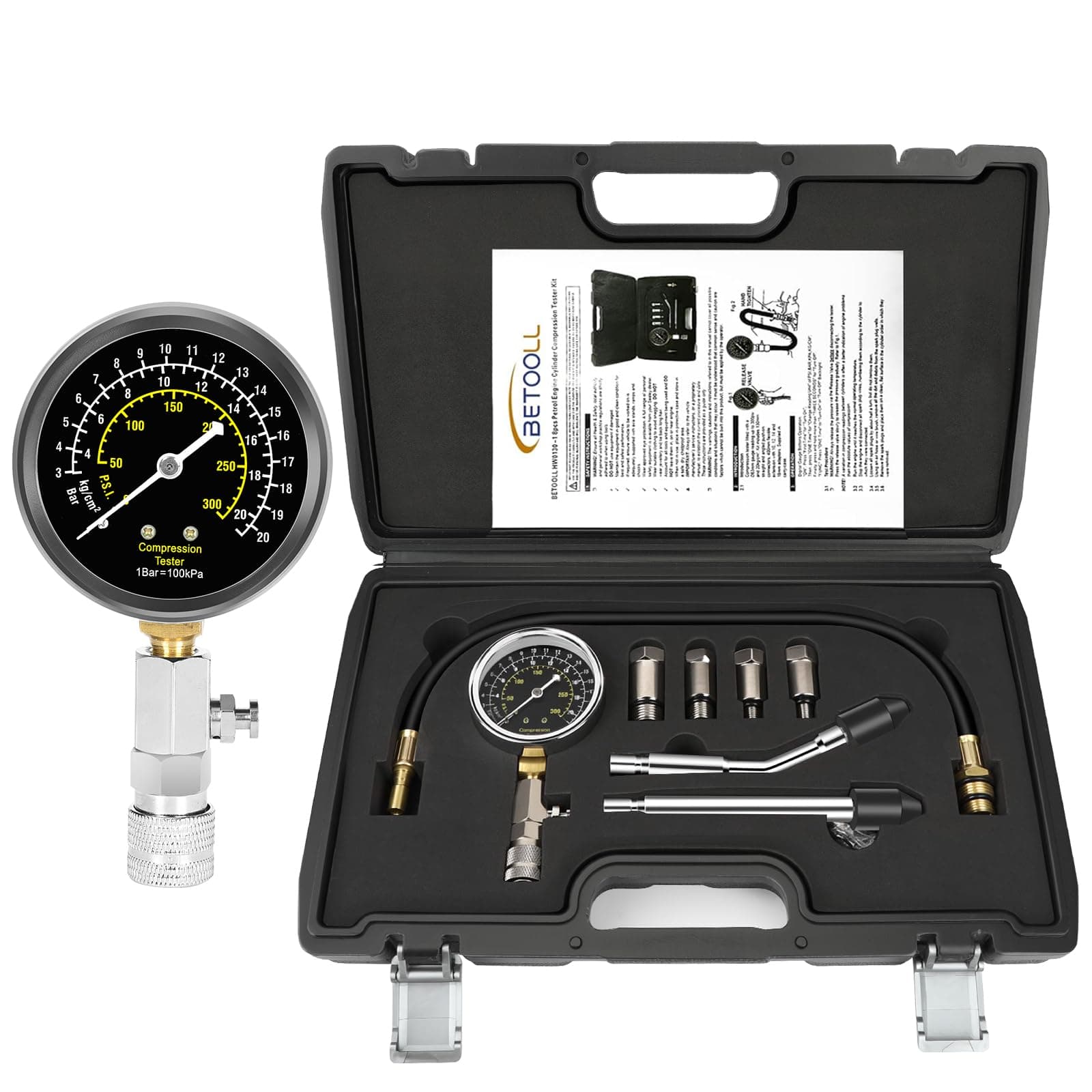 BETOOLL 8pcs Petrol Engine Cylinder Compression Tester Kit Automotive Tool Gauge