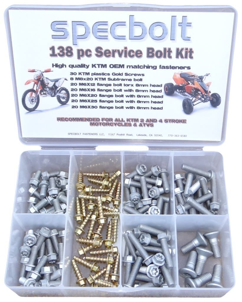 138pc Specbolt KTM Bolt Kit for Maintenance, Restoration, and Service Departments SX EXC XC XC-W 2 Strokes: 50 60 65 85 105 125 250 300 & SXF EXC-F XCF-W 4 Strokes: 250 350 400 450 500 520 620 640