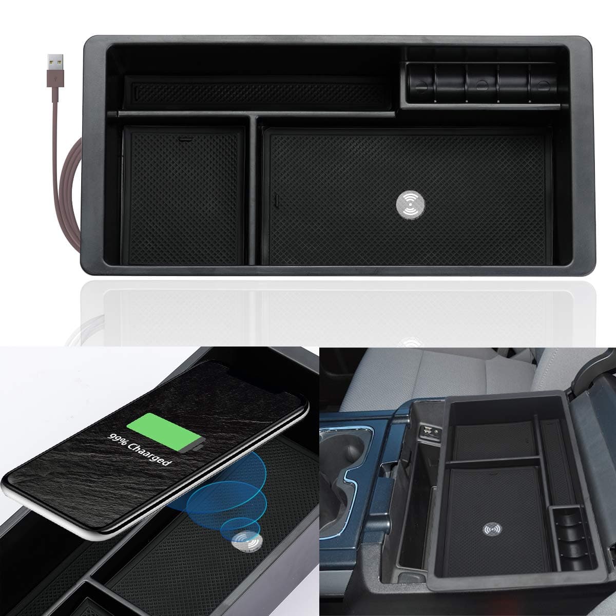 ROCCS Wireless Charger Center Console Insert Organizer Tray for GMC Sierra Yukon Silverado Tahoe Suburban 2014-2018 Armrest Storage Box Compartment