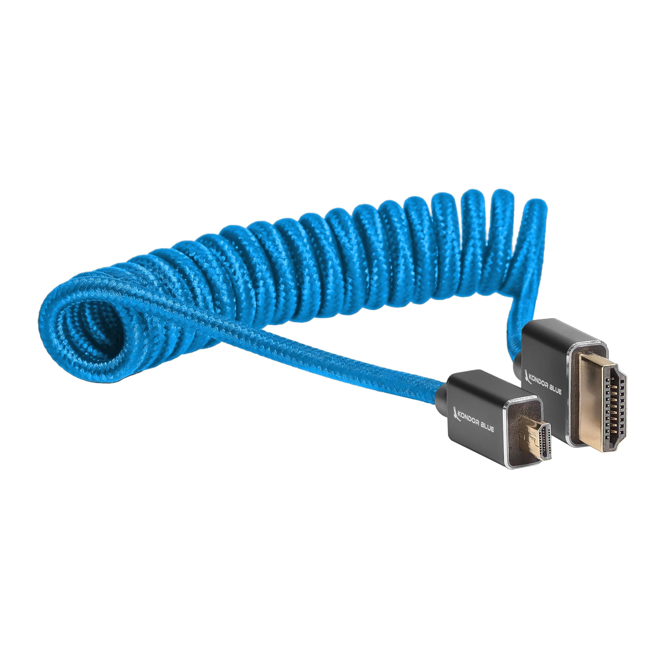 Kondor Blue 14"-24" Short Micro to Full HDMI High Speed 4K 3D HDR Coiled Braided Cable for On-Camera Monitors | 3840 x 2160-60Hz | 18Gbps Metadata