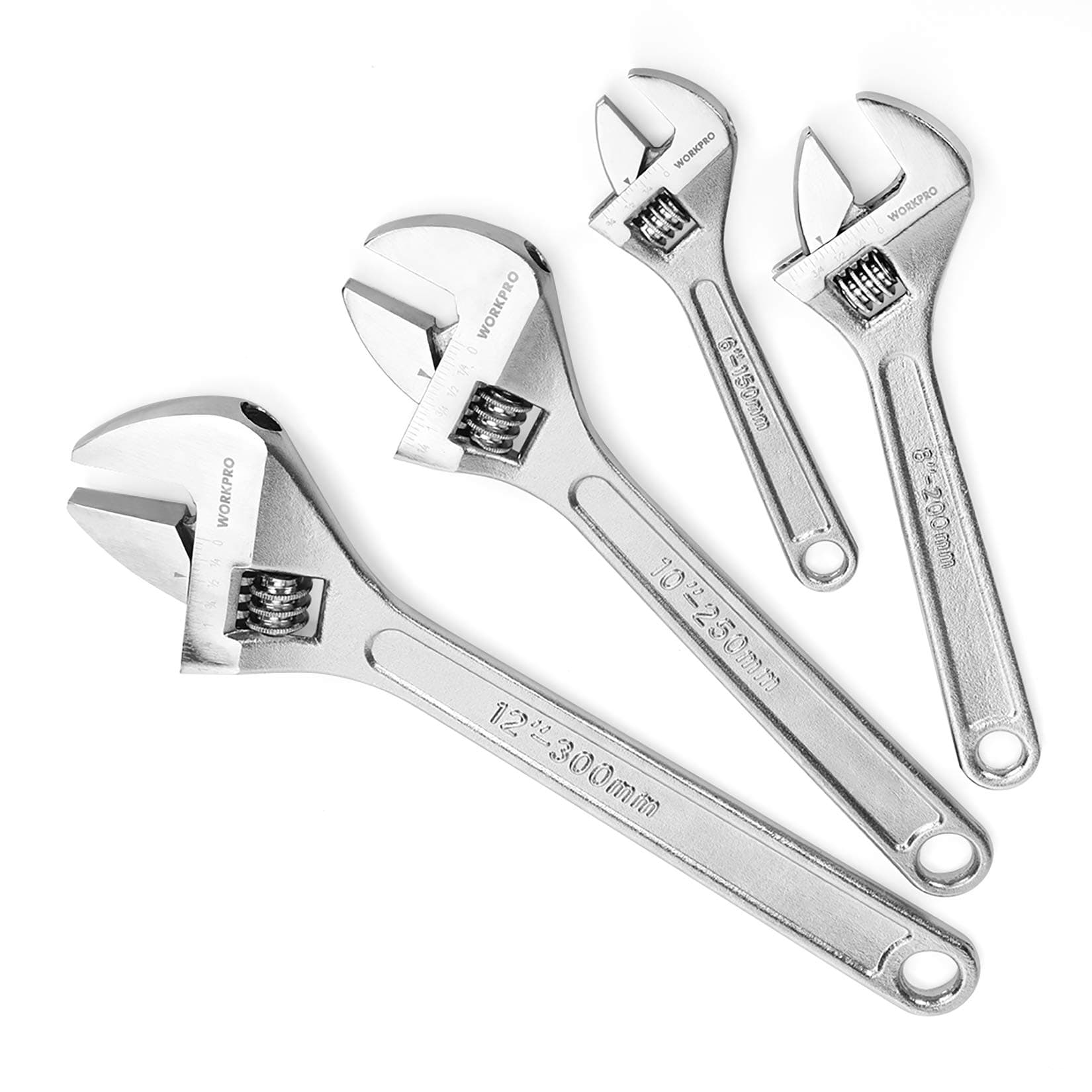 – WORKPRO 4-piece Adjustable Wrench Set, Forged, Heat Treated, Chrome-plated (6-inch, 8-inch, 10-inch, 12-inch)
