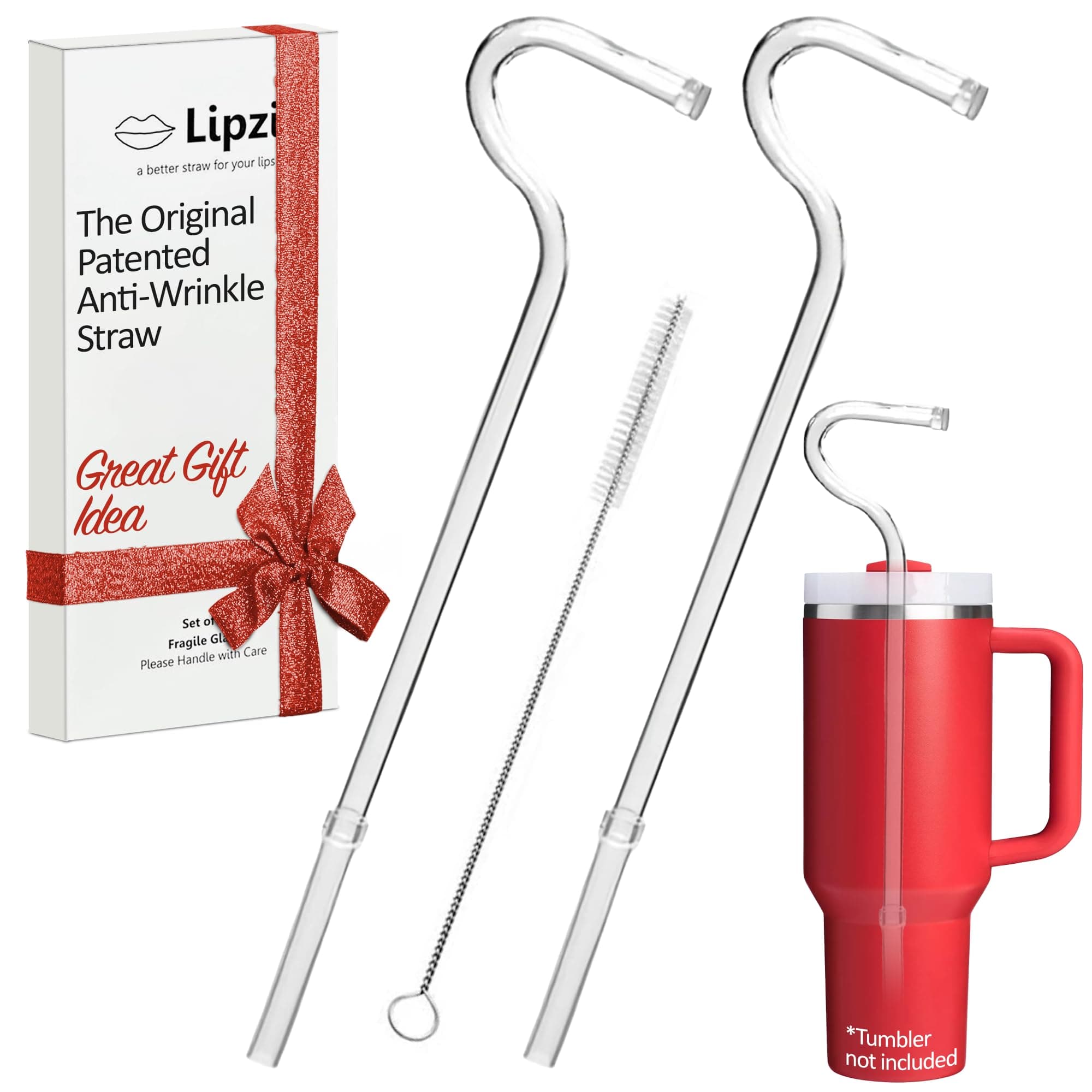 Lipzi - Anti Wrinkle Straw - Glass anti-wrinkle drinking straws for 40oz Tumbler, Clear Reusable Straws with Cleaning Brush - Eco-Friendly Alternative to Plastic - Cleaning Brush Included - 2 Pack